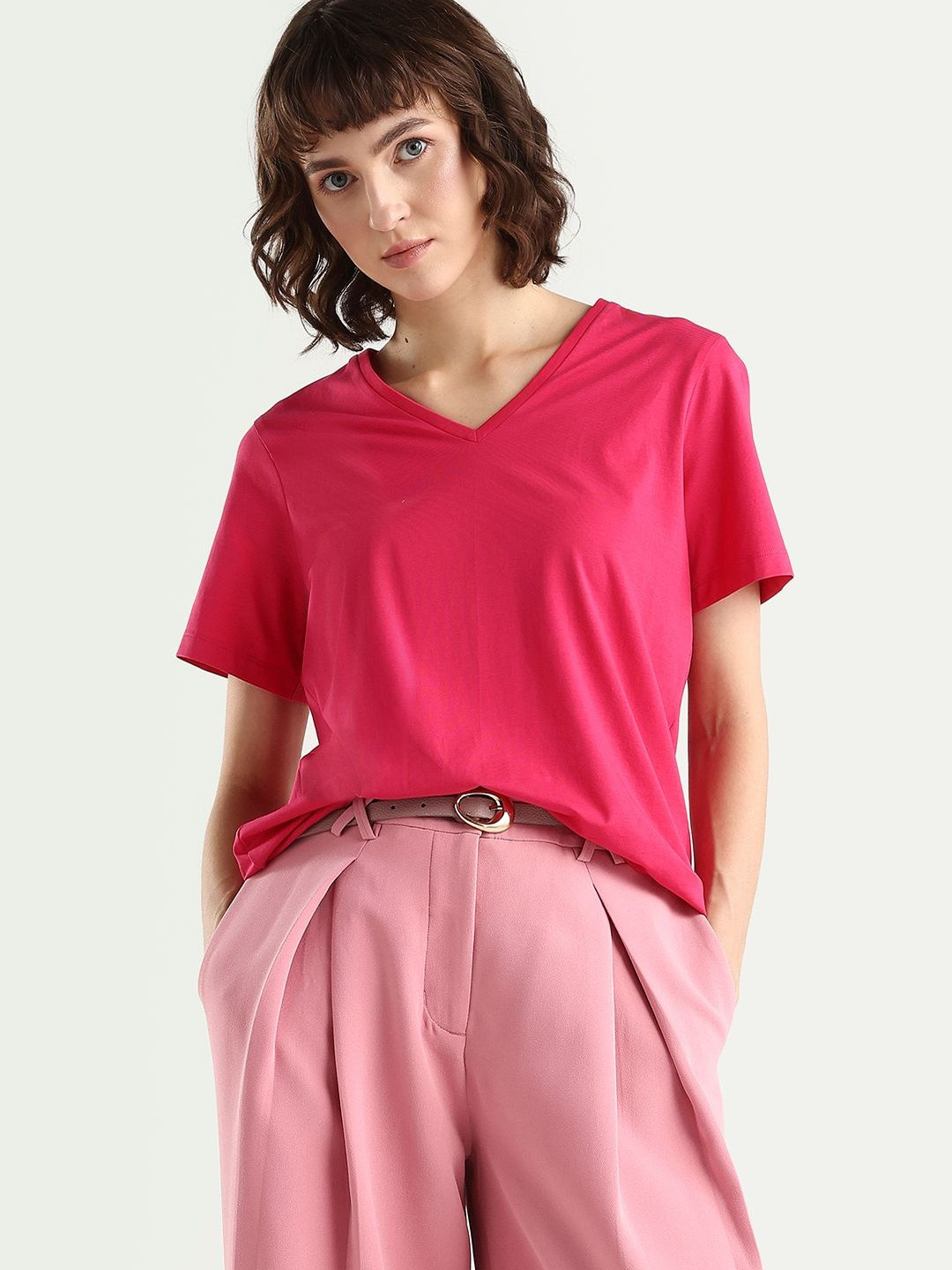 RAREISM Women Pink Plain Relaxed Fit Half Sleeve V-Neck T-Shirt