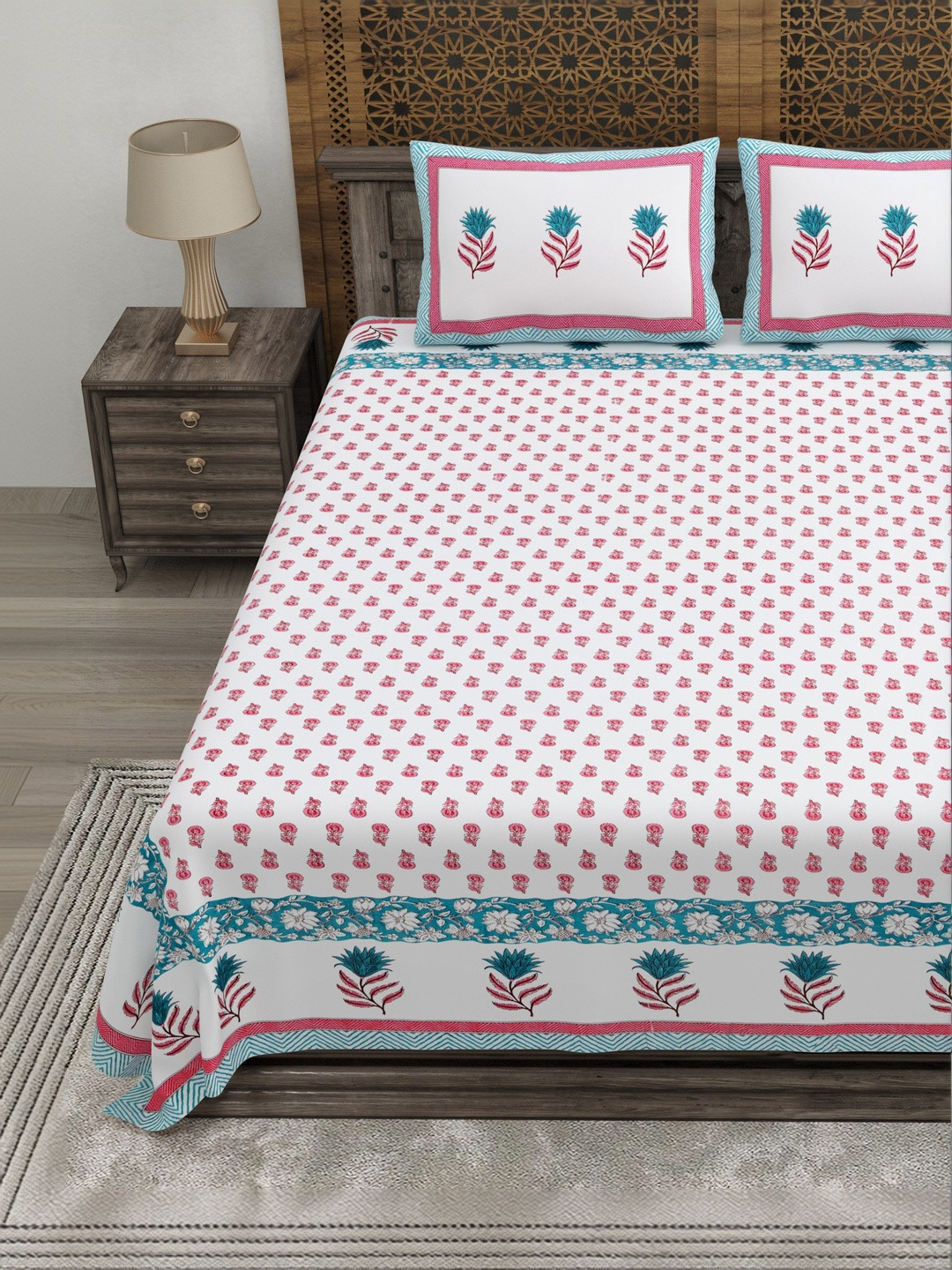 CLOTHOLOGY Rose & Turquoise Bloom The Bagh Chronicles Cotton Double Flat 180 TC Jaipuri Prints Bedsheet Set
