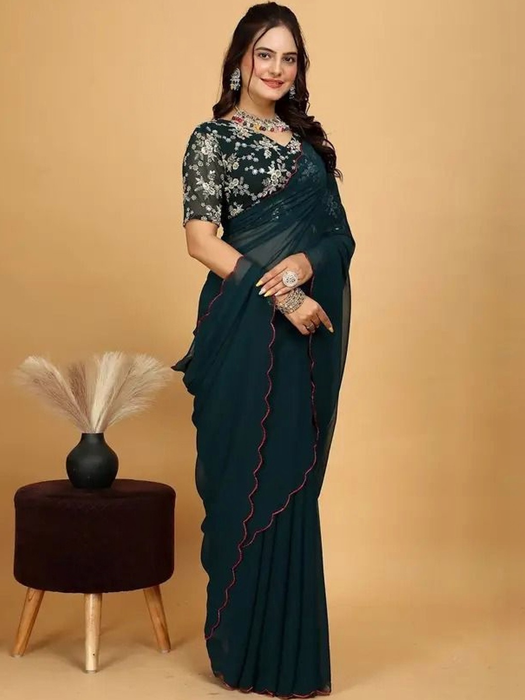 JAINICA Embellished Embroidered Poly Georgette Heavy Work Saree