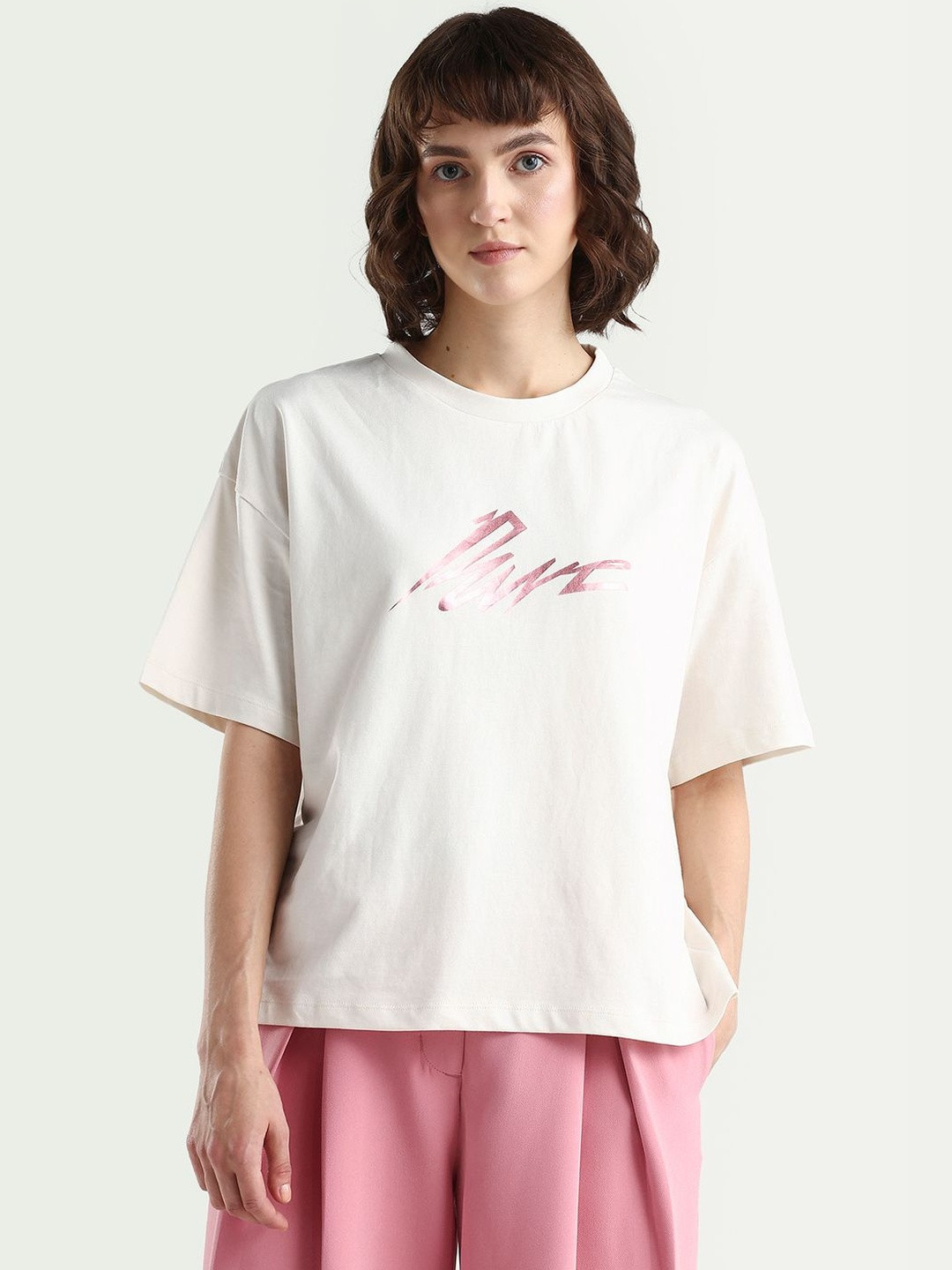 RAREISM Women Off White Typography Print Boxy Fit Half Sleeve Crew Neck T-Shirt