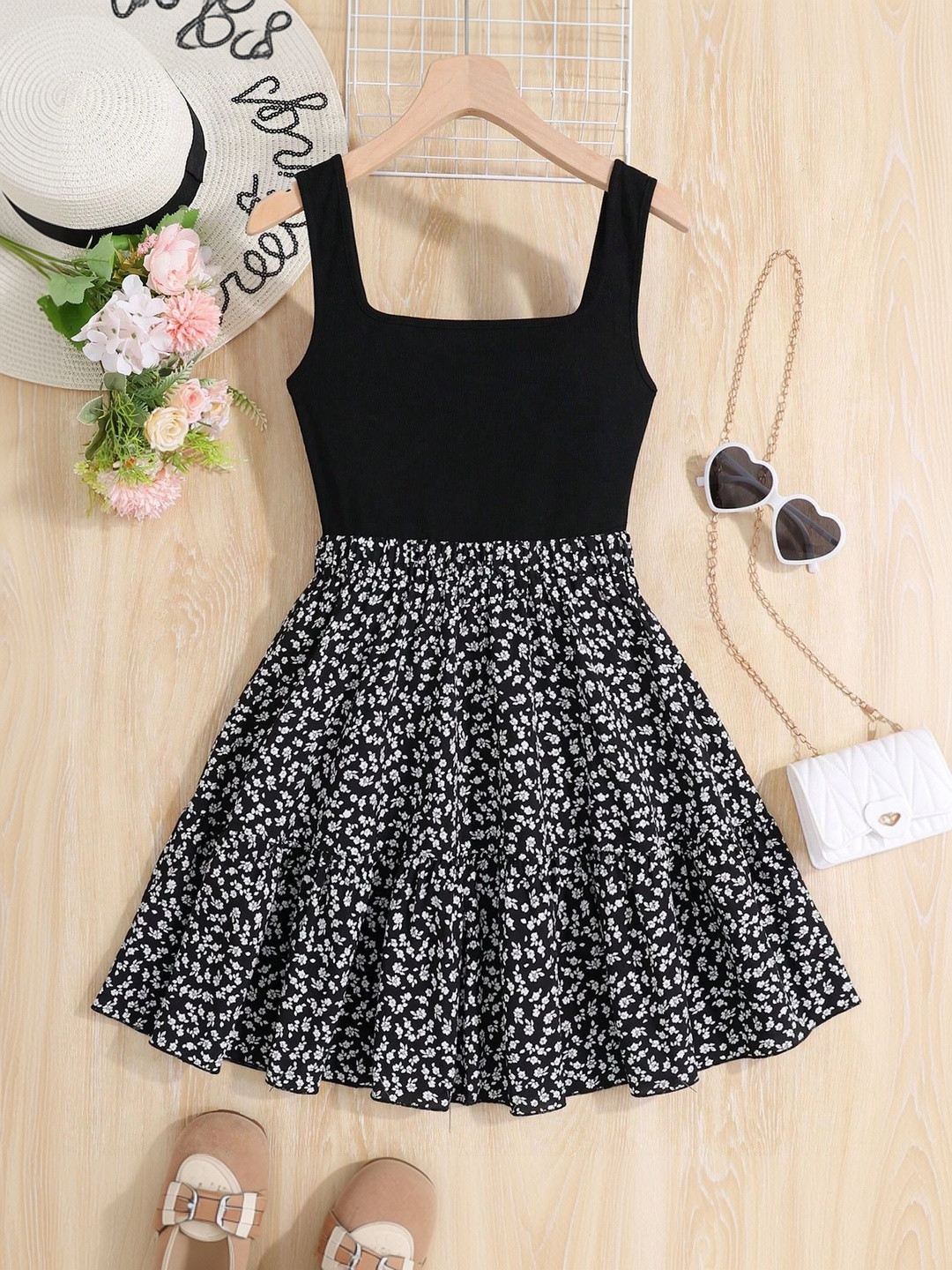 Sangria Girls Printed Square Neck Fit & Flare Dress