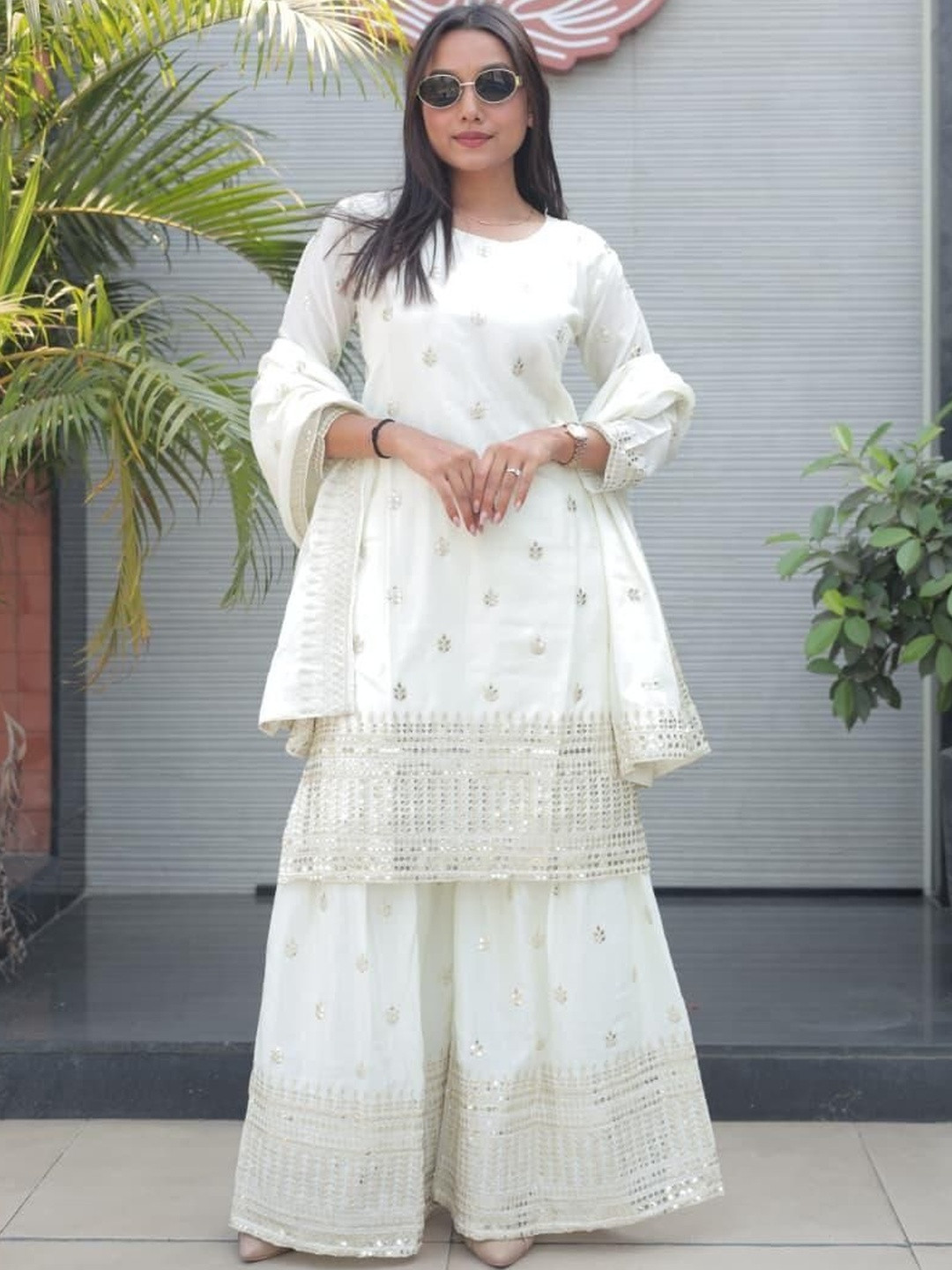Varsha Fashion Women Ethnic Motifs Embroidered Regular Sequinned Kurta with Sharara & With Dupatta