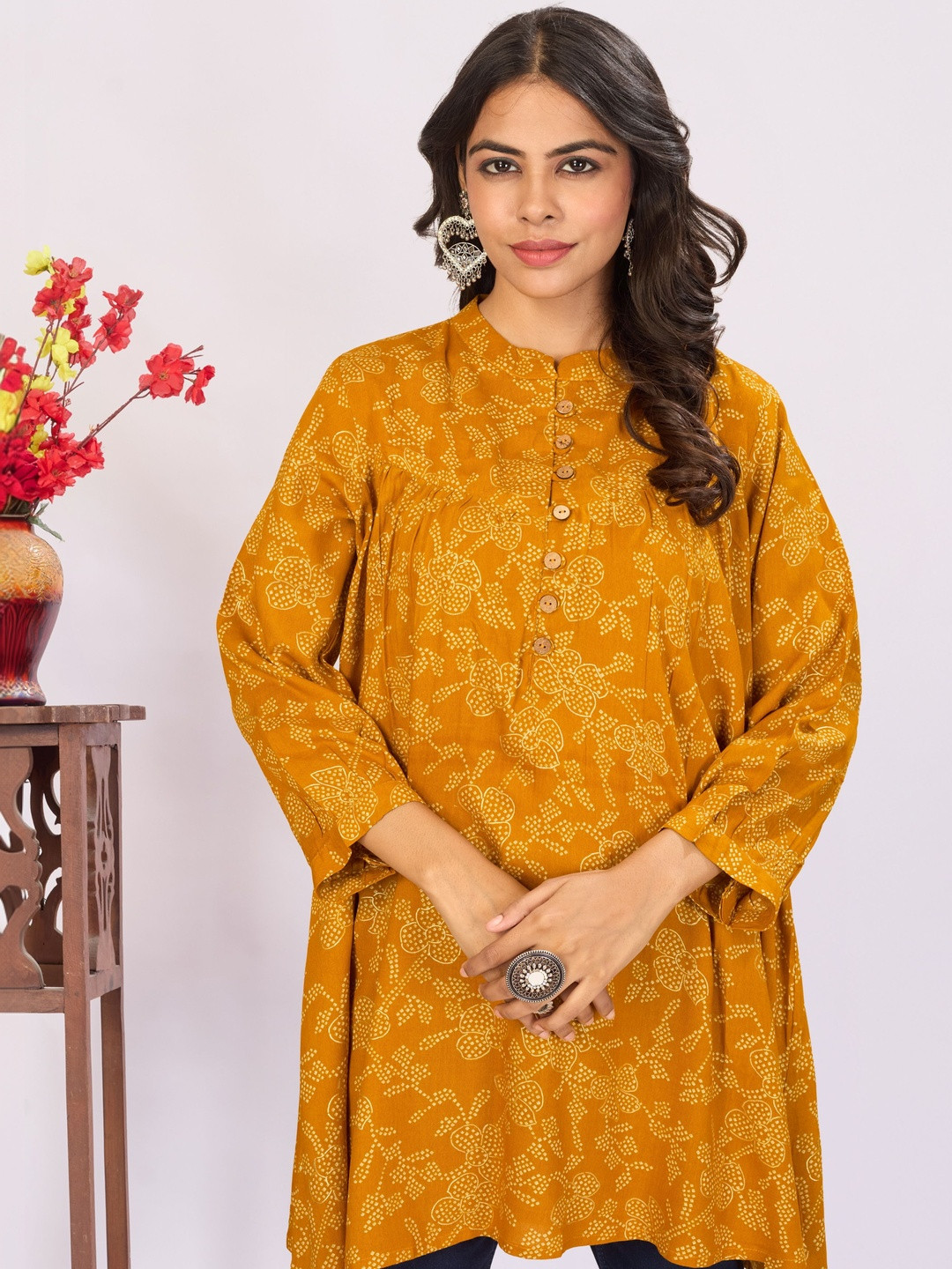 Larqi Viscose Rayon Mandarin Collar Printed Tunic