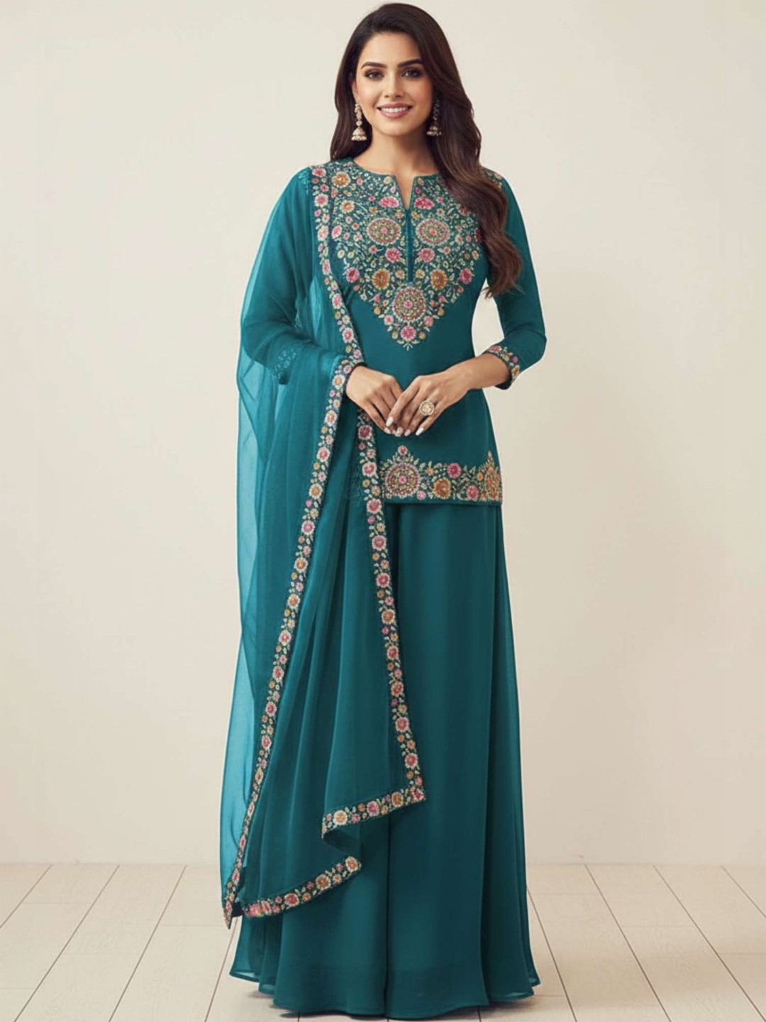 TRYAMBAKAM Women Floral Embroidered Regular Thread Work Kurta with Palazzos & With Dupatta