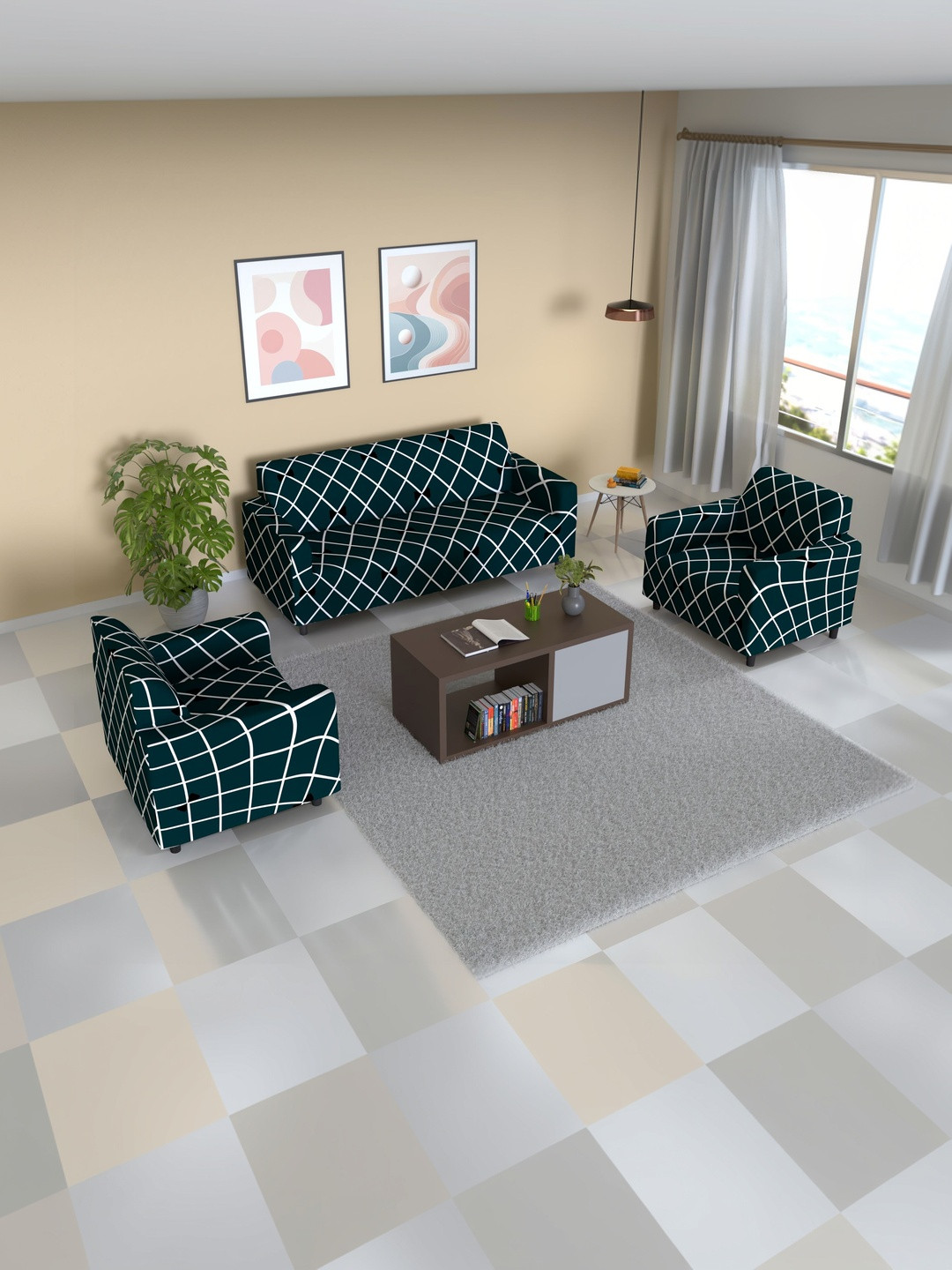 Furshine Blue & Navy Blue Printed Polyester 3 Piece Sofa Cover With Arms