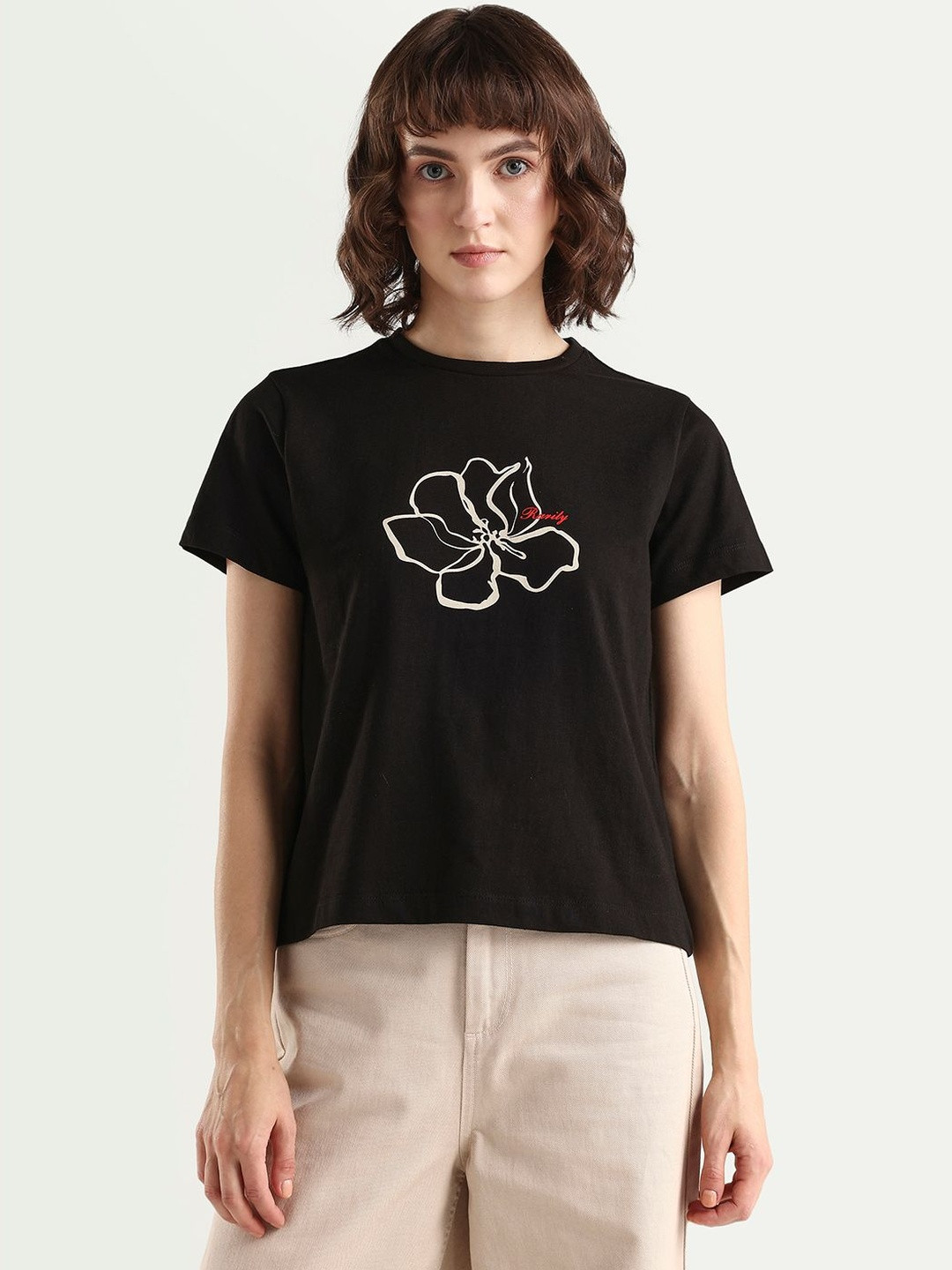 RAREISM Women Black Floral Print Regular Fit Half Sleeve Crew Neck T-Shirt