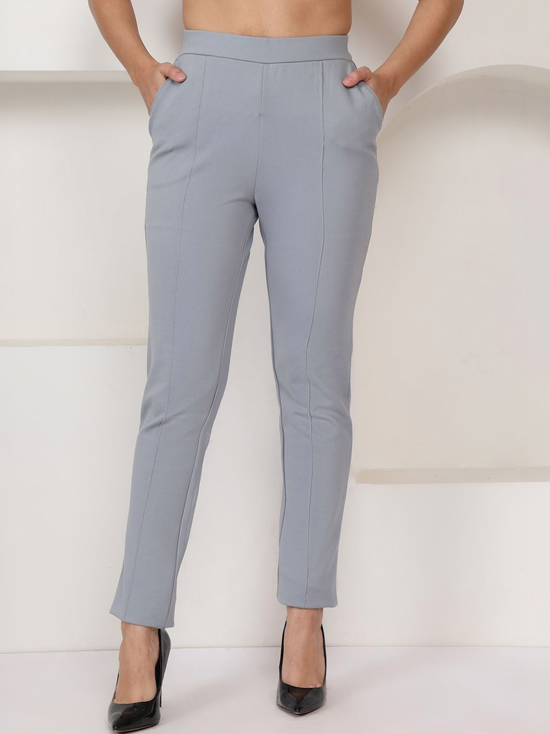 DOZER Grey High-Rise Slim Fit Stretchable Trousers