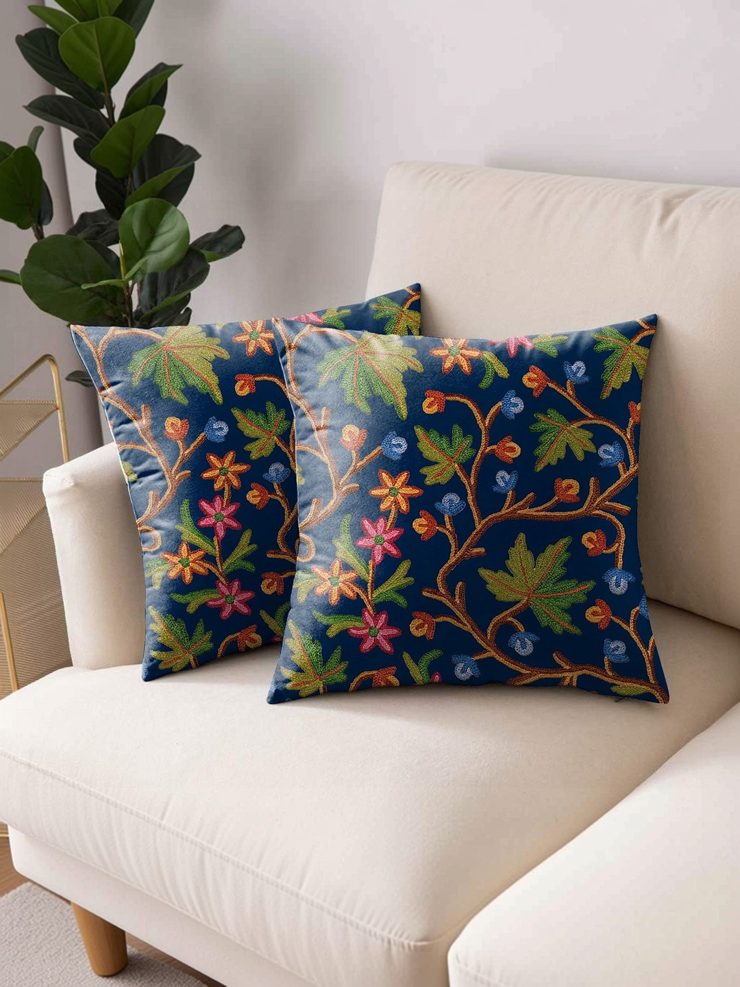 CASABLEU Navy Blue Set of 2 Floral Square Cushion Covers