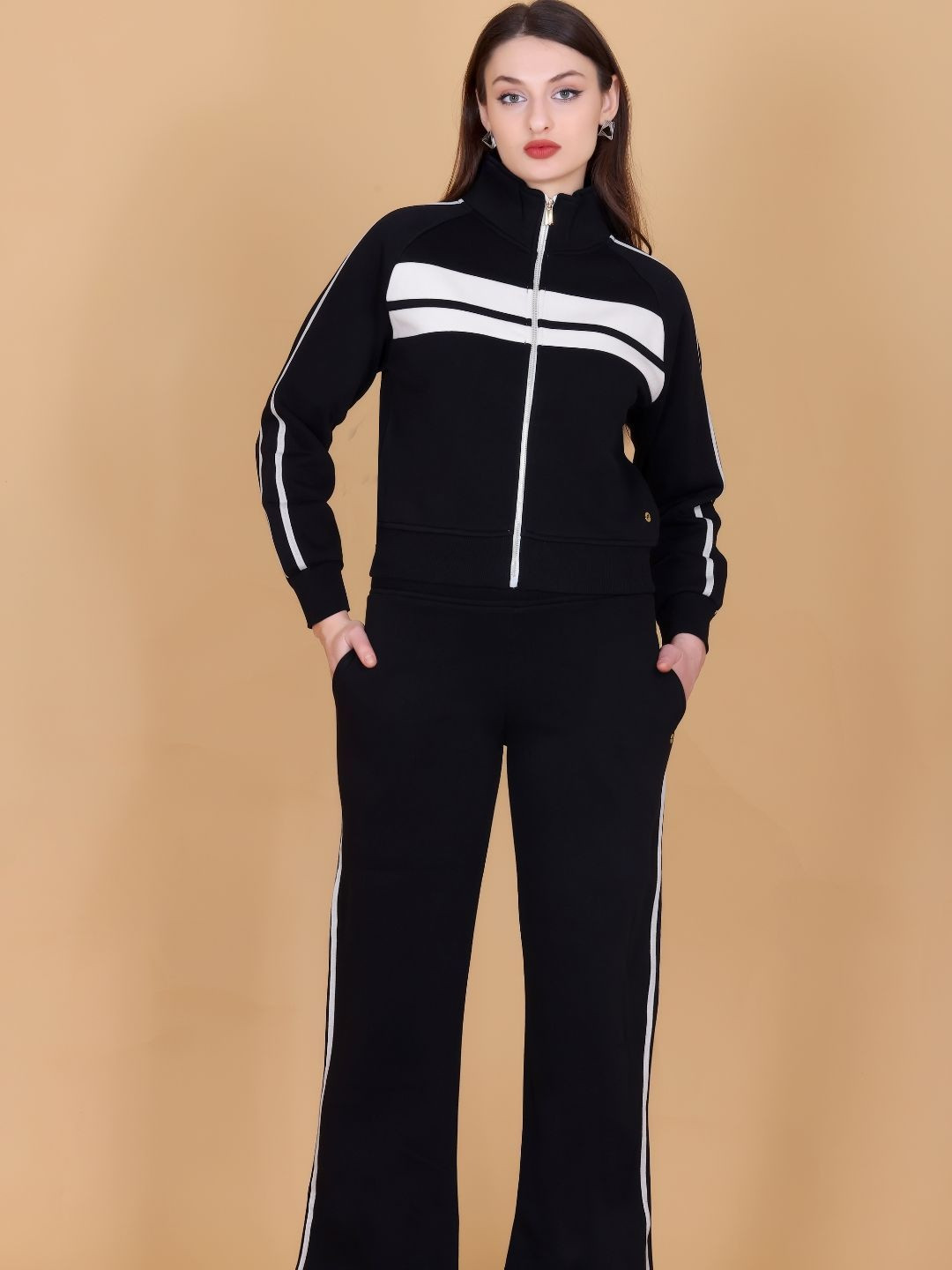 FEMEA Women Colourblocked Mock Collared Mid-Rise Tracksuits