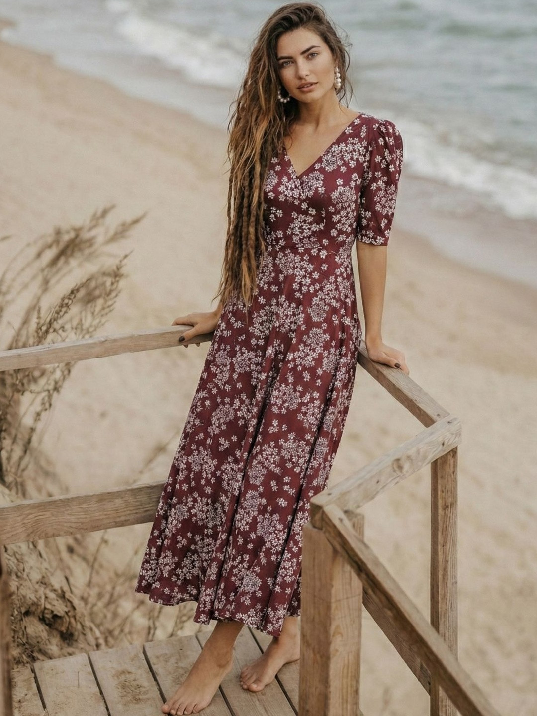 DHAKRE FASHION Floral Print Puff Sleeve A-Line Midi Dress