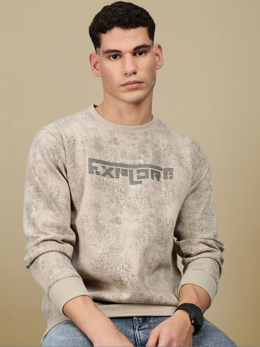 LUX NITRO Men High Density HD Printed Round Neck Fleece Sweatshirt