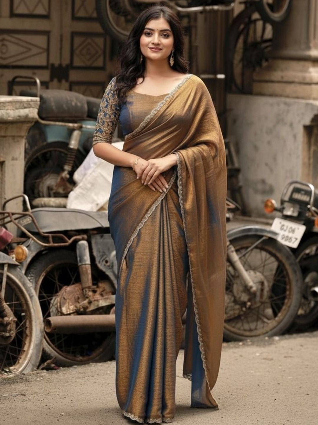STH Colourblocked Embroidered Poly Chiffon Saree