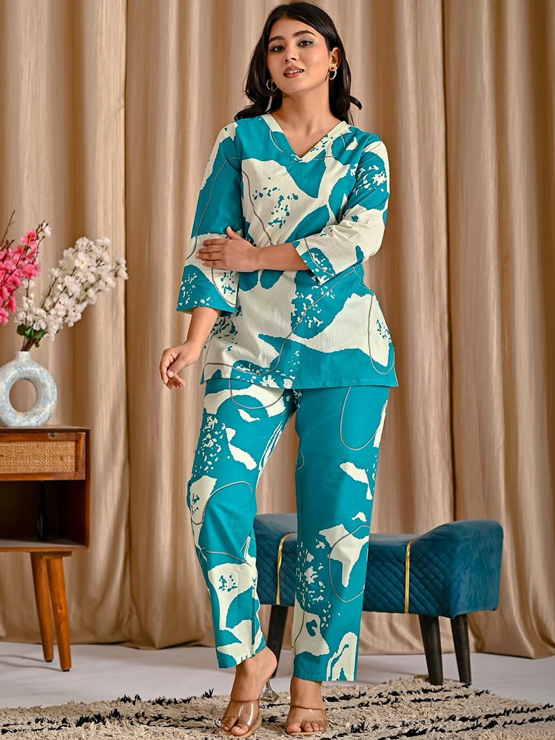 TROPWEAR Printed V-Neck Pure Cotton Top With Palazzos Co-Ords