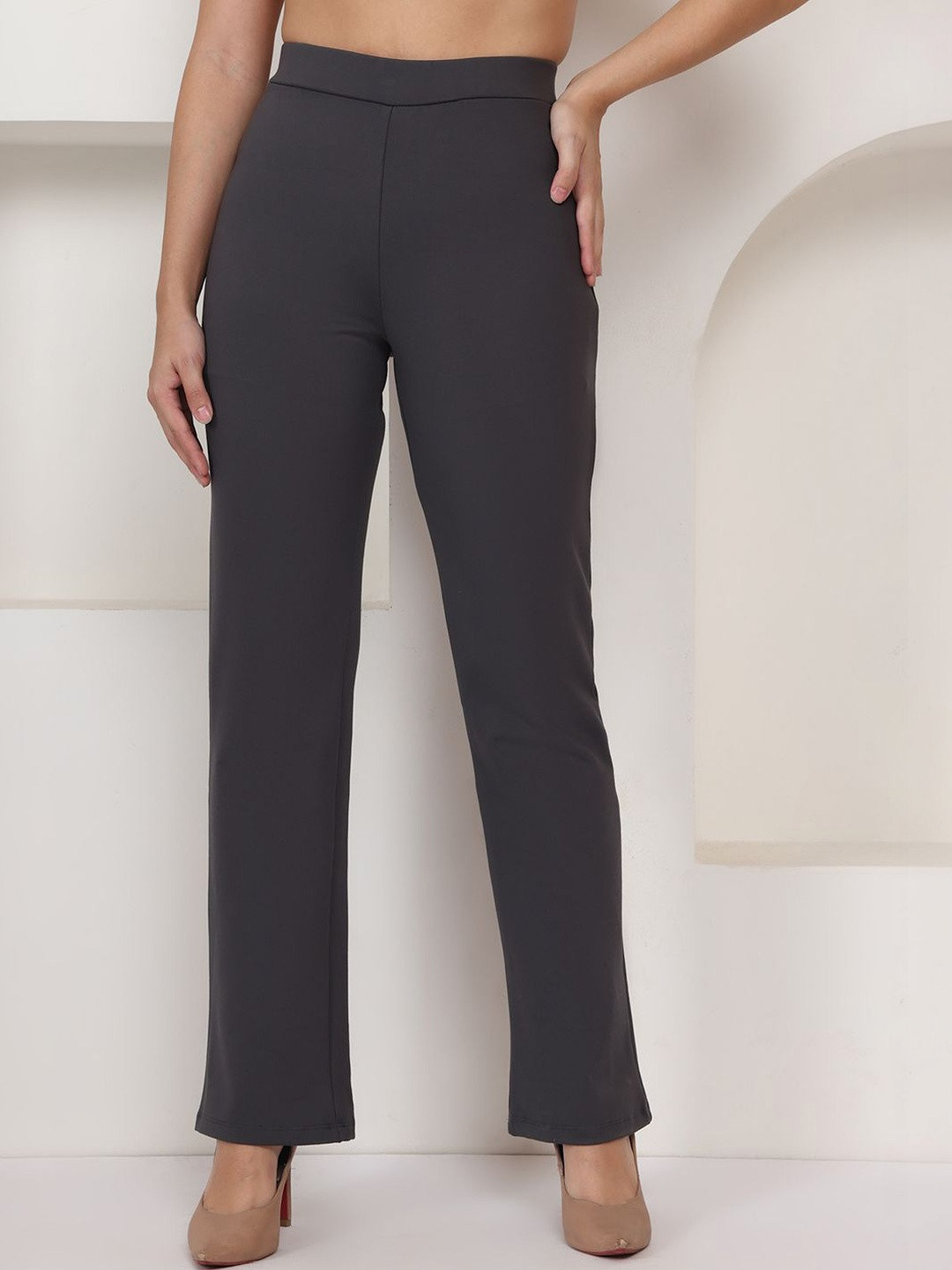 DOZER Charcoal Grey High-Rise Straight Fit Stretchable Trousers