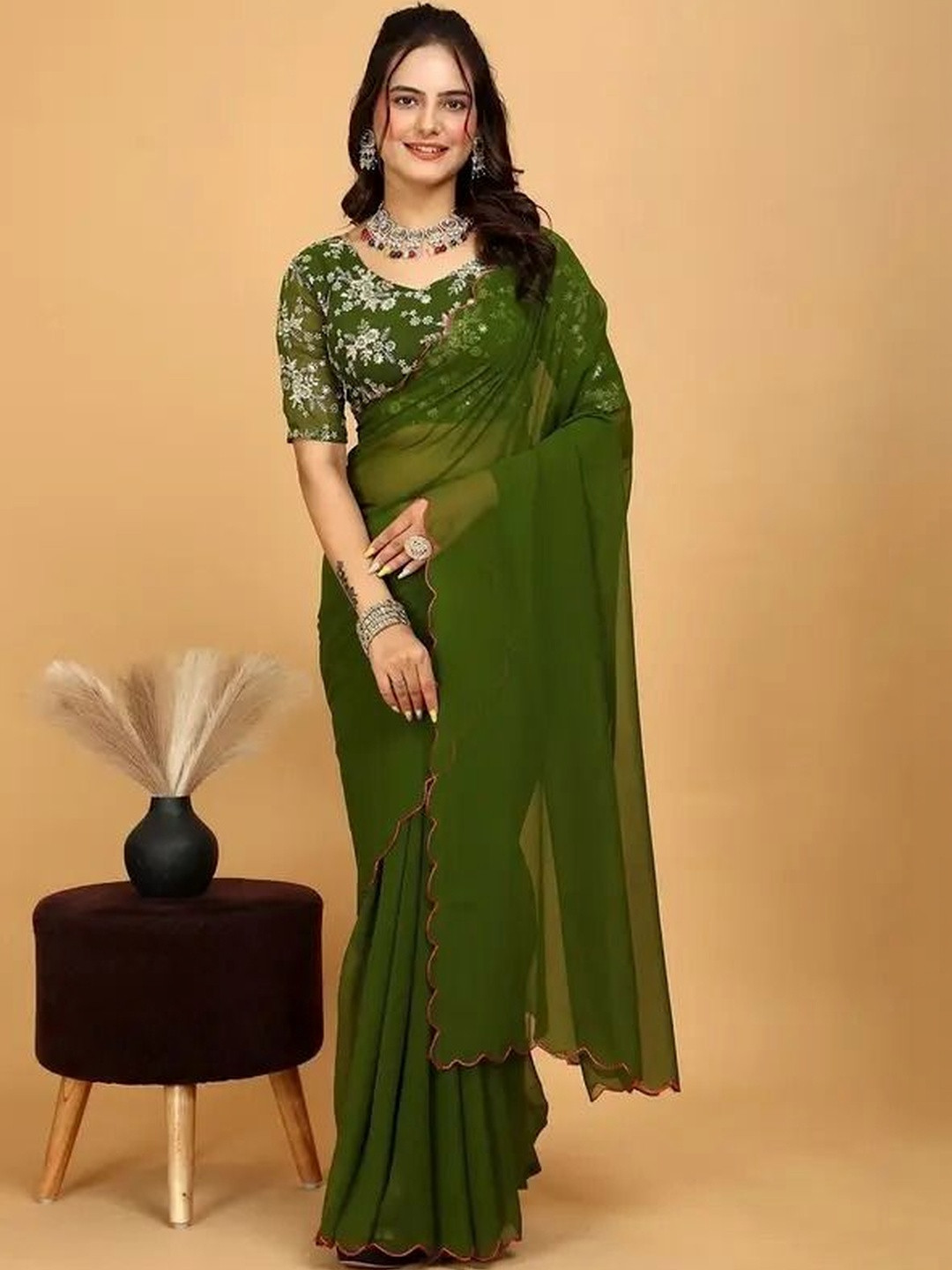 JAINICA Embellished Embroidered Poly Georgette Heavy Work Saree