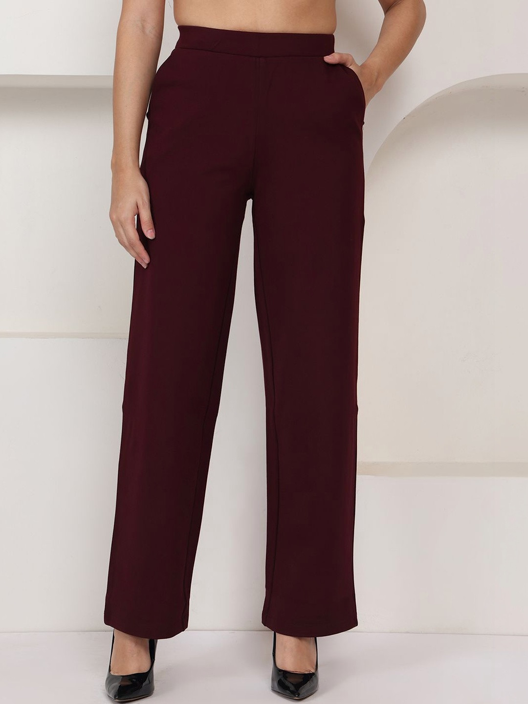 DOZER Maroon High-Rise Wide Leg Stretchable Trousers