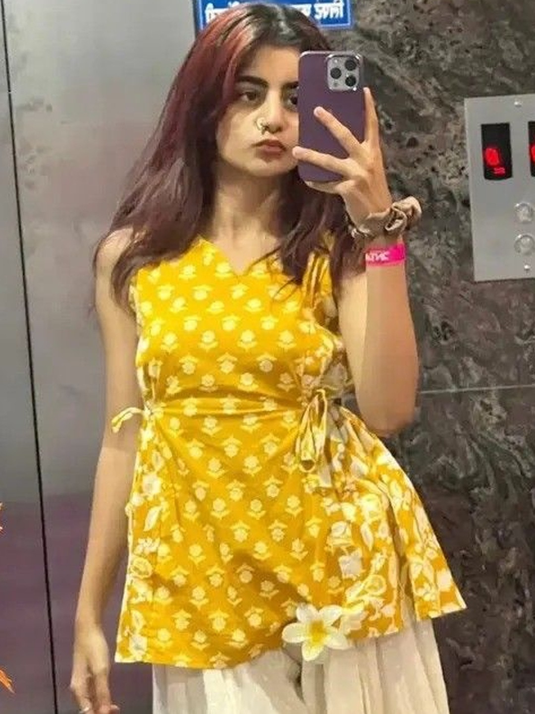 SATITHA Ethnic Motifs Printed V-Neck Pure Cotton Angrakha Kurti