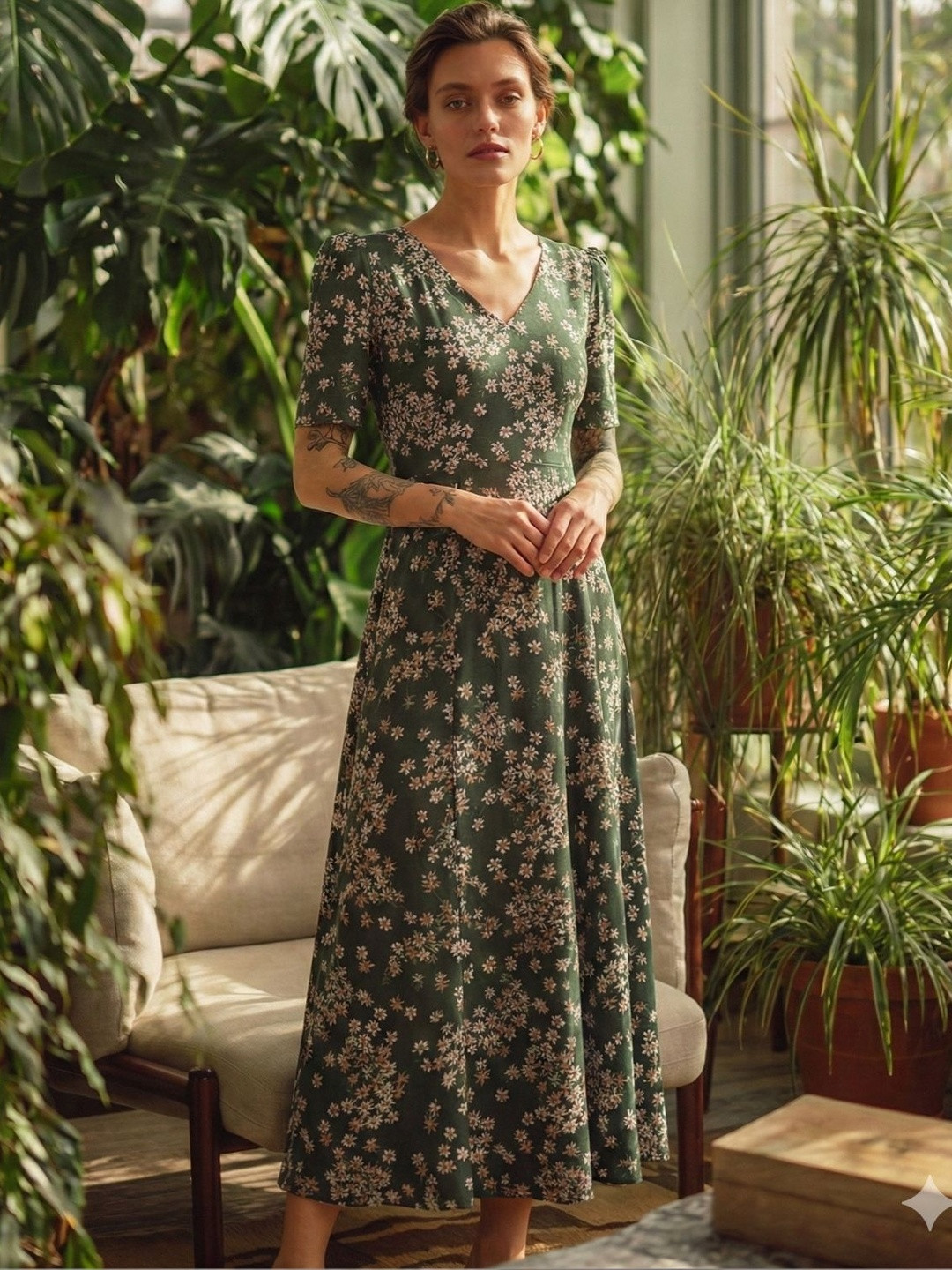 DHAKRE FASHION Floral Print Puff Sleeve A-Line Maxi Dress