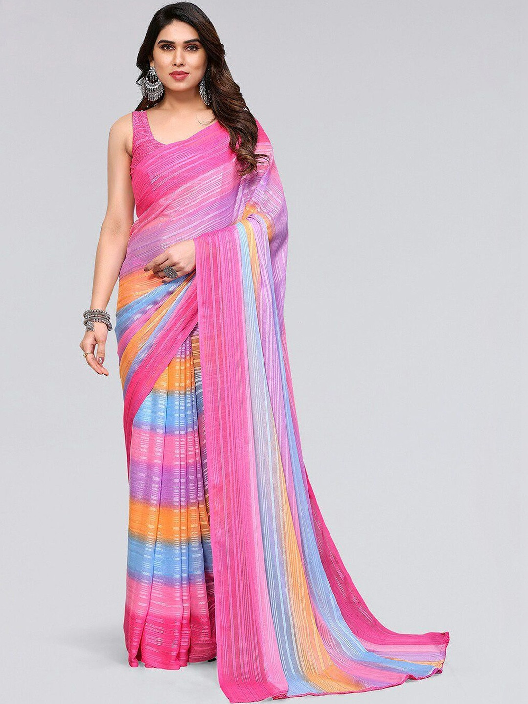 SANISA Striped Poly Georgette Designer Saree