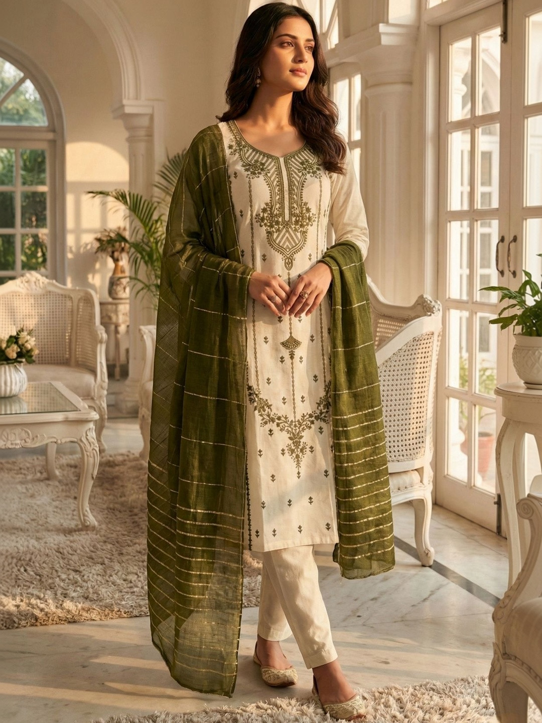 HIVA TRENDZ Women Ethnic Motifs Embroidered Regular Thread Work Pure Cotton Kurta with Trousers & With
