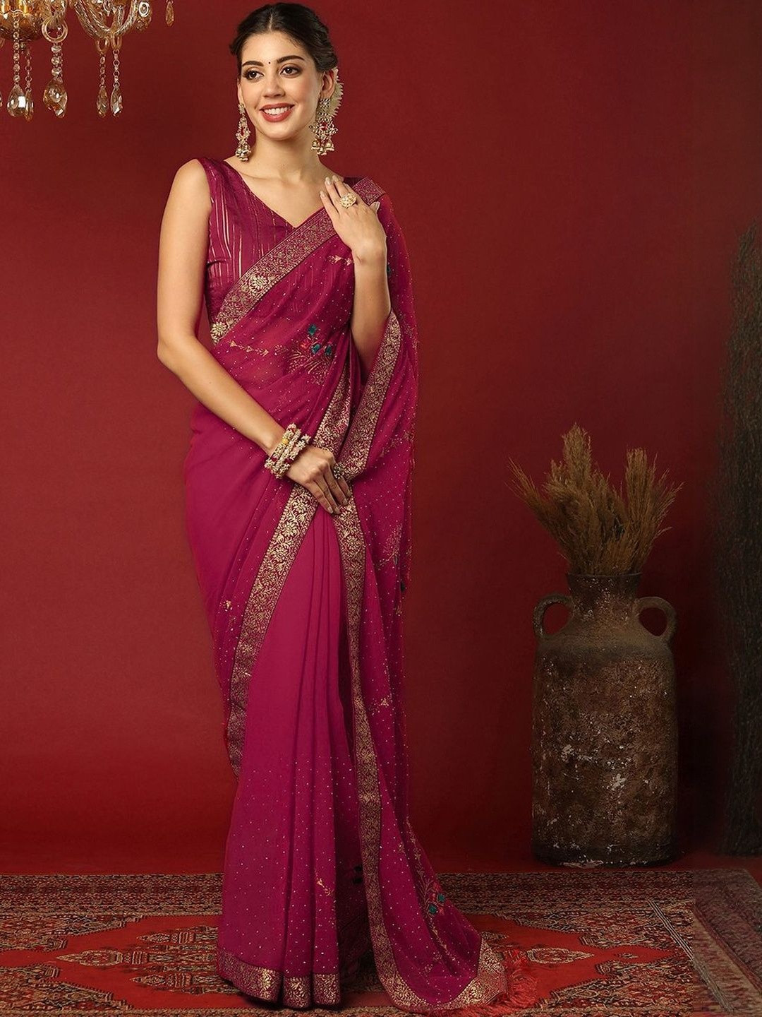SANISA Ethnic Motifs Embroidered Poly Georgette Designer Saree