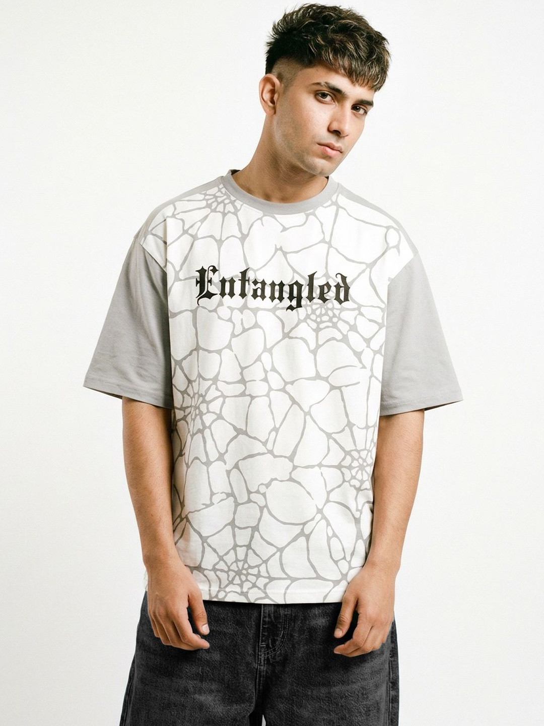 Crazymonk Entangled Graphic Cotton Round Neck Short Sleeves Oversized T-shirt