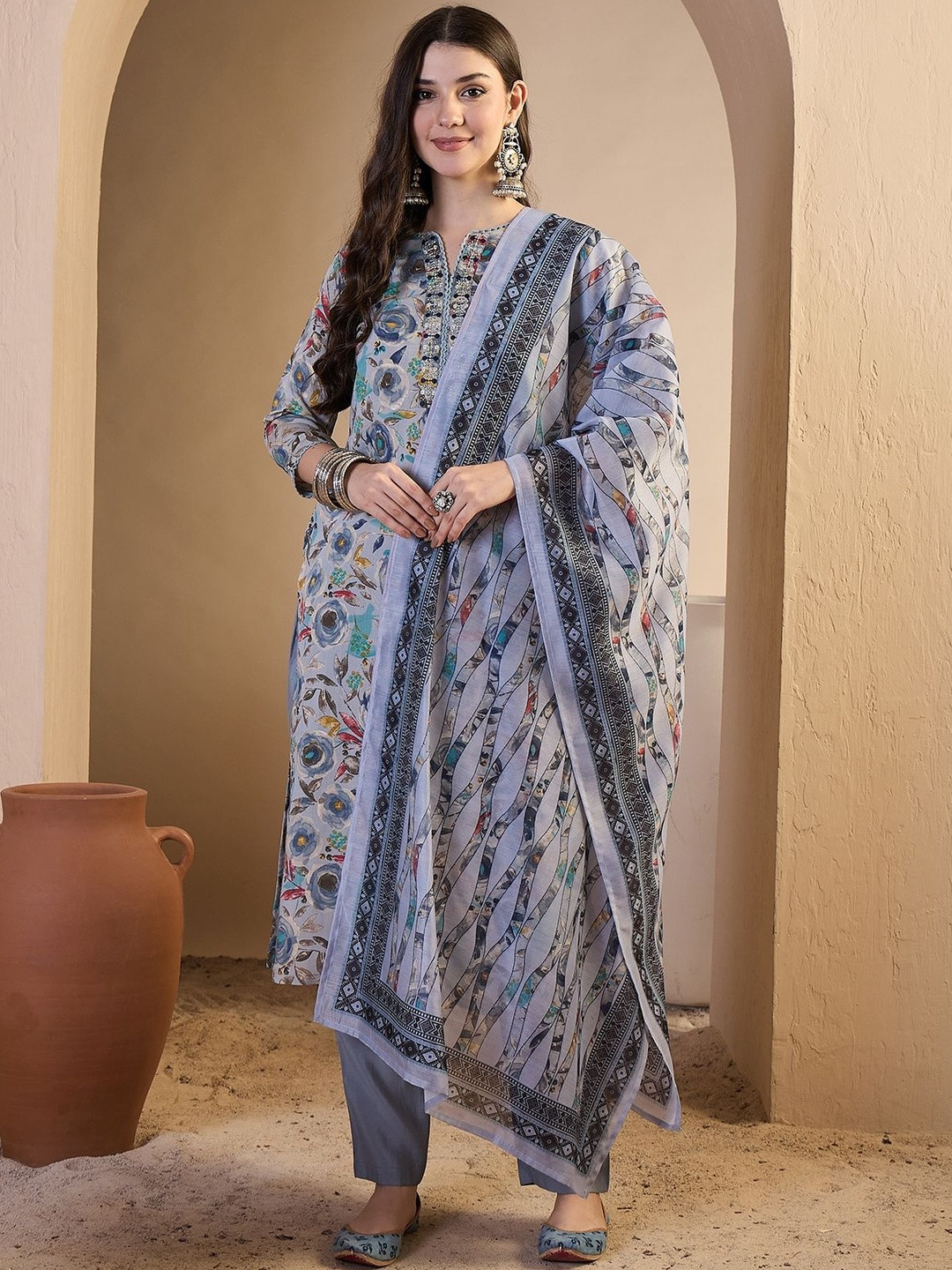 Inddus Women Ethnic Motifs Printed Regular Thread Work Chanderi Cotton Kurta with Trousers & With Dupatta