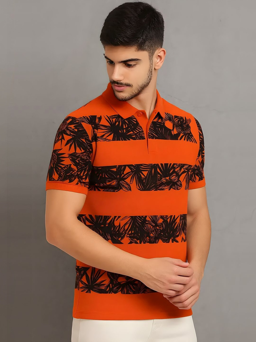 SZN Men Floral Printed Polo Collar Tropical T-shirt