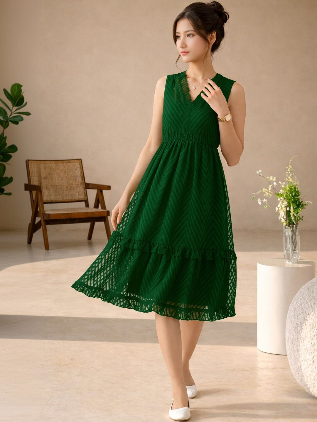 NARI DREAM Ruffled Georgette Fit & Flare Midi Dress