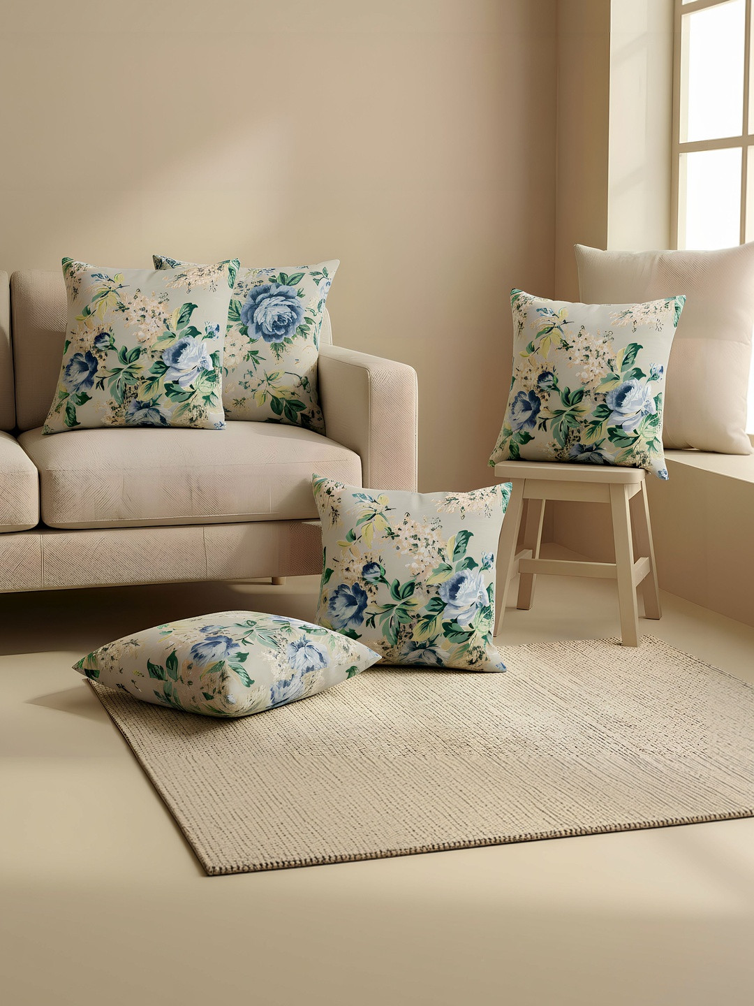 Clasiko Grey & Blue Set of 5 Floral Square Cushion Covers