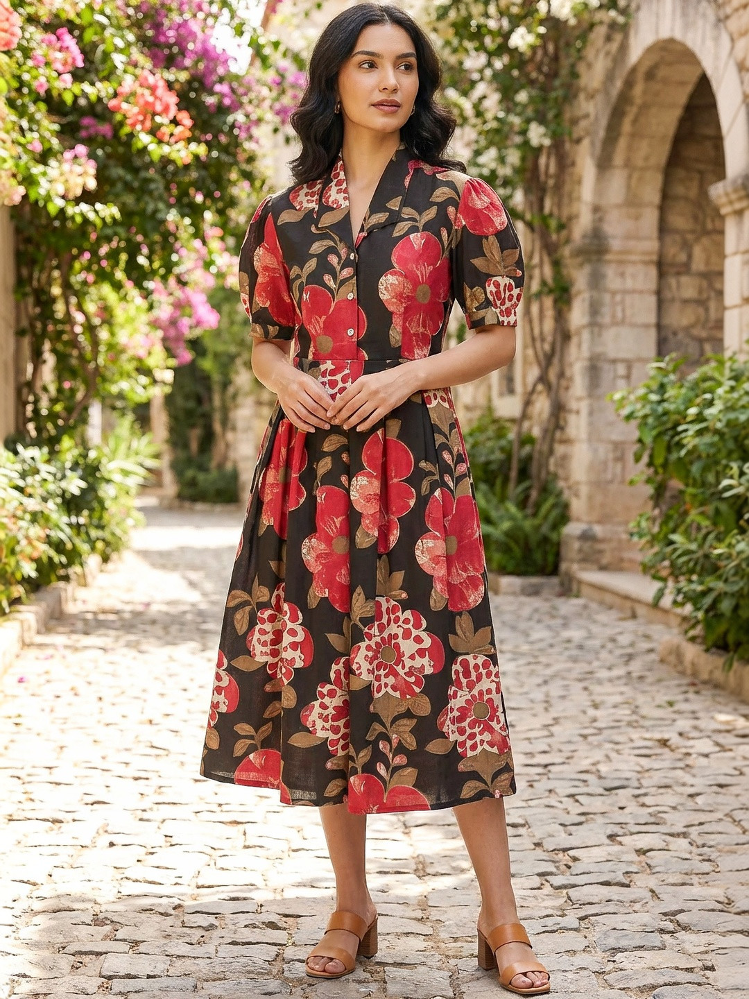 JISORA Women Floral Printed Puff Sleeves Cotton Fit & Flare Midi Dress