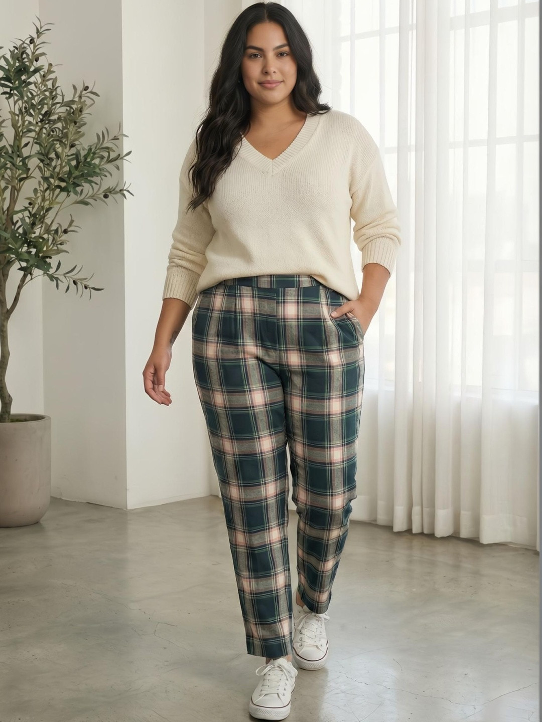 ANGOORI FASHION Women Checked Tailored Easy Wash Trousers