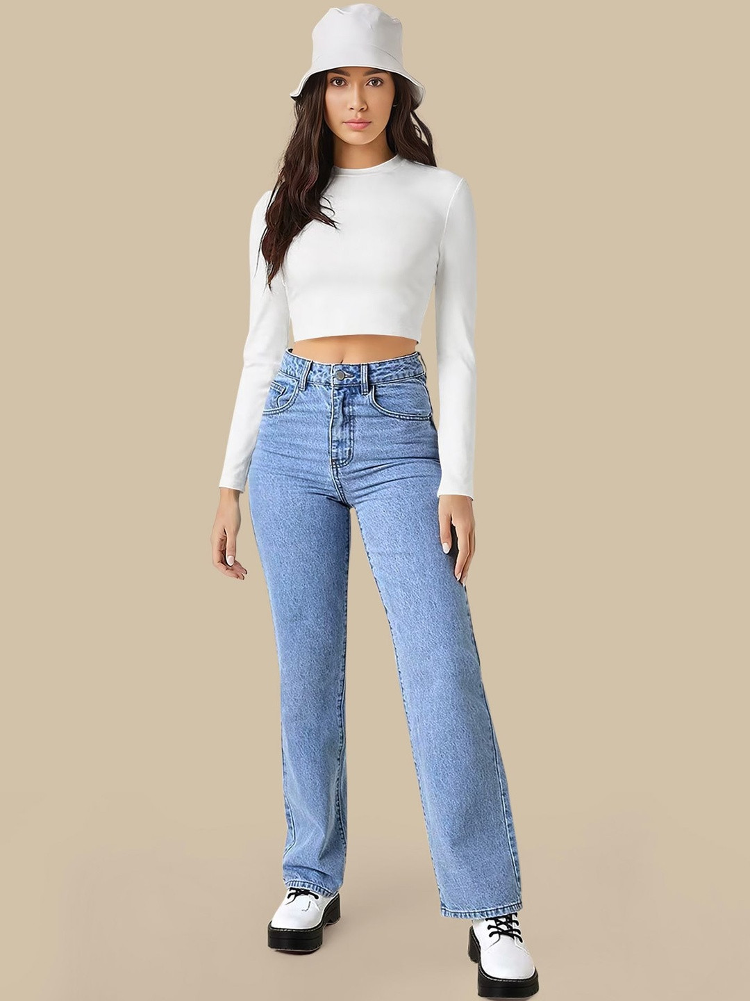 White Round Neck Crop Top with Long Sleeves