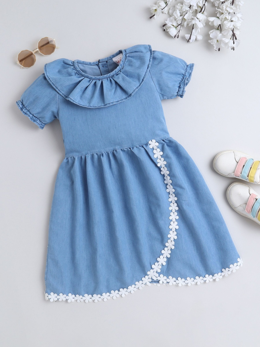 BRIGHT STARS KIDSWEAR Flutter Sleeve Denim Fit & Flare Dress
