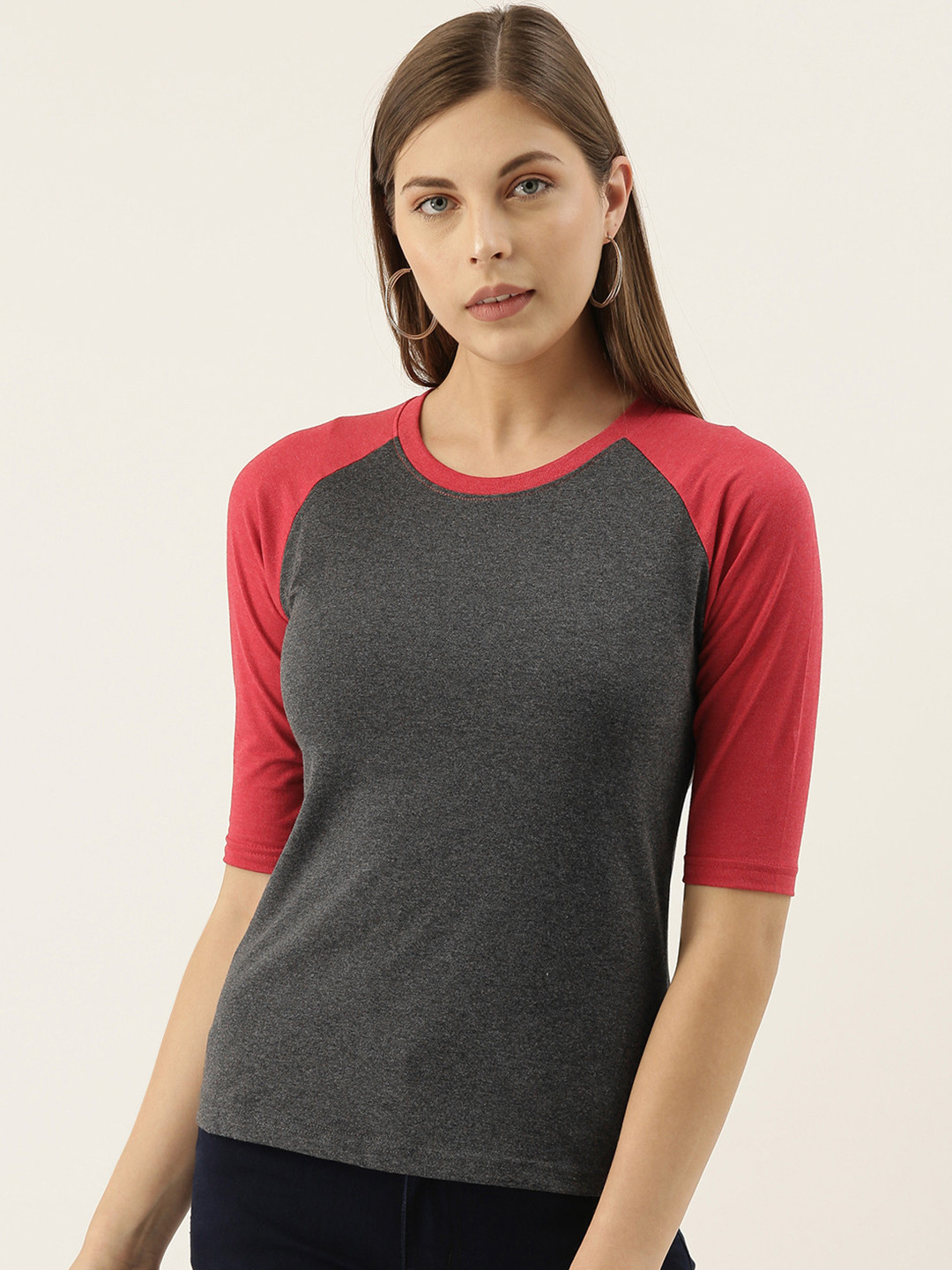 PINACOLADA Women Charcoal Grey & Red Solid Round Neck T-shirt