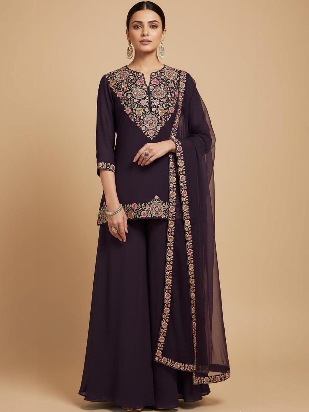 TRYAMBAKAM Women Floral Embroidered Regular Thread Work Kurta with Palazzos & With Dupatta