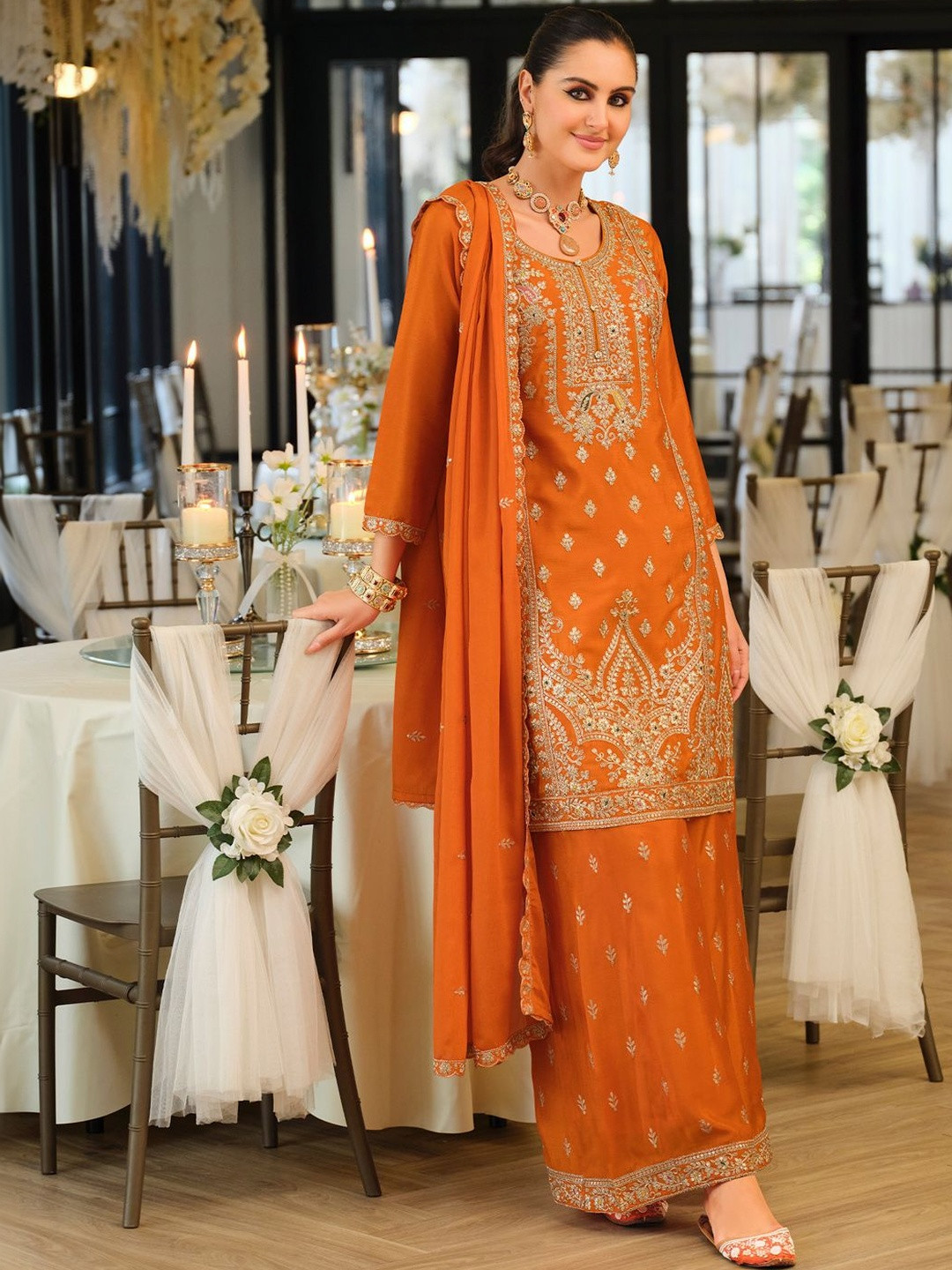 Indo Era Women Ethnic Motifs Embroidered Regular Kurta with Palazzos & With Dupatta