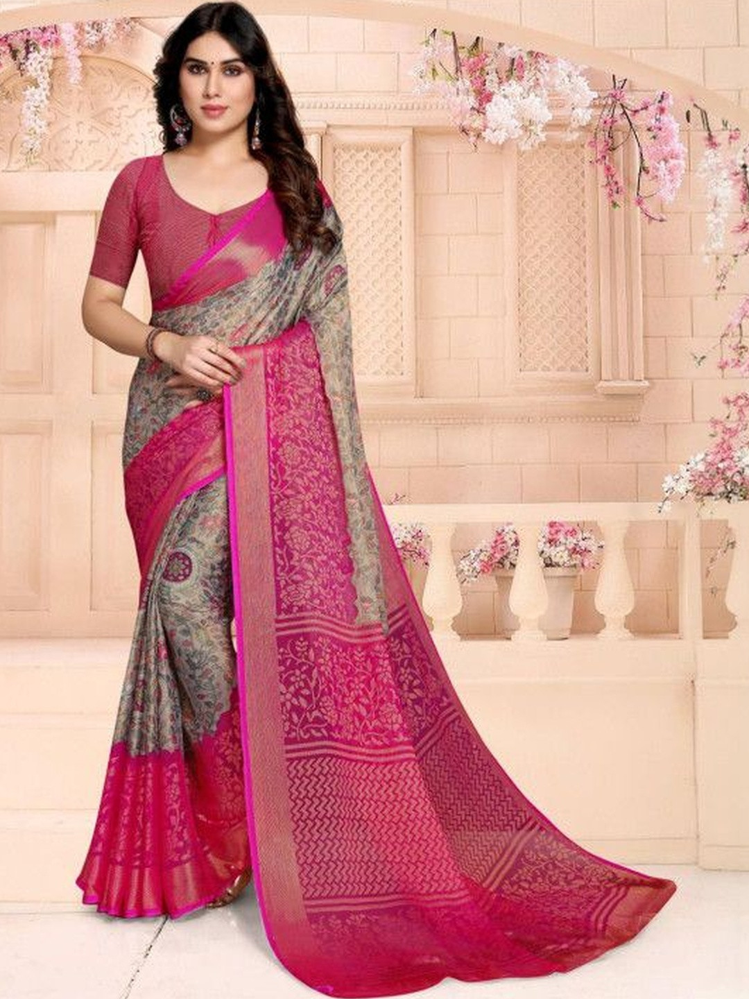 EMV Ethnic Motifs Poly Chiffon Fusion Saree