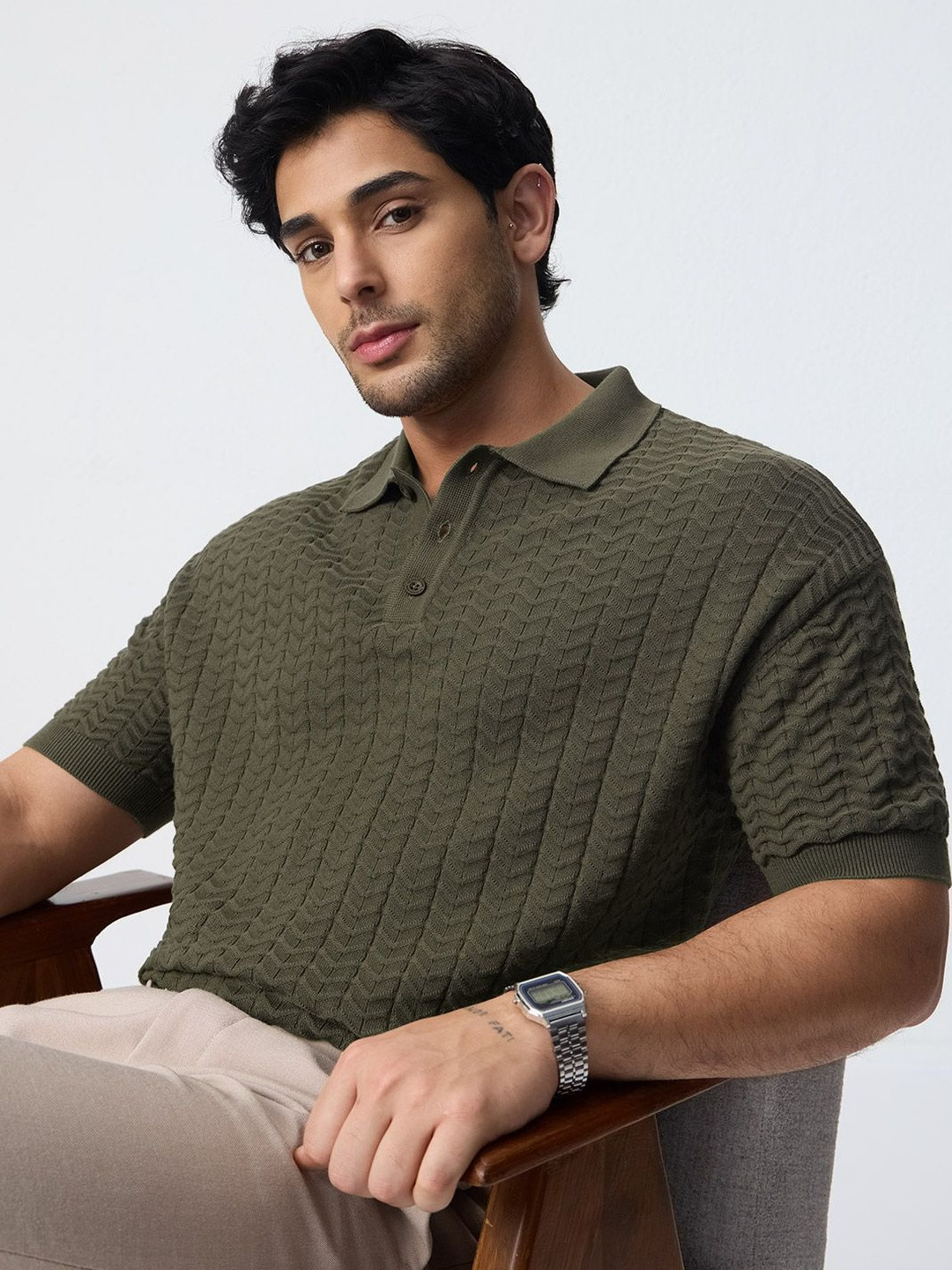 The Souled Store Men Oversized Fit Jacquard Printed Olive Polos