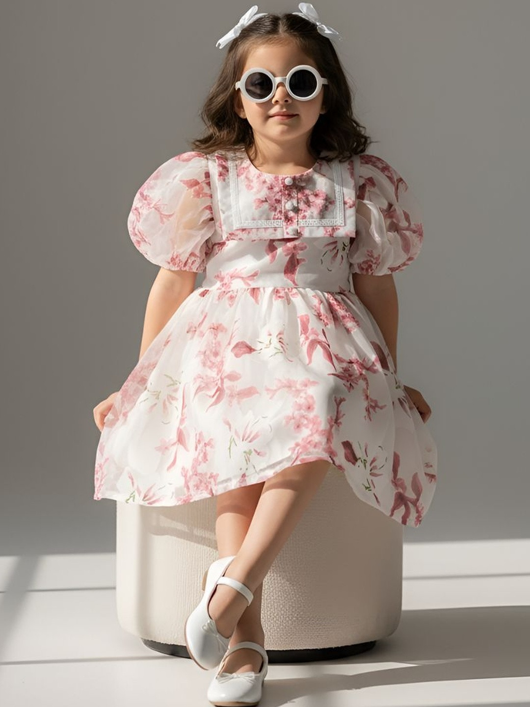 Bella Moda Floral Print Puff Sleeve Net Fit & Flare Dress