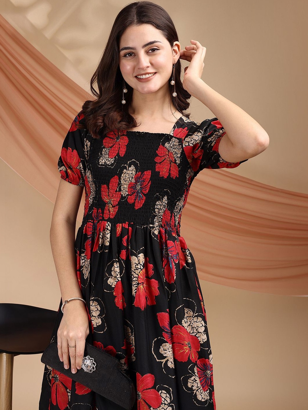 PTVIZE Floral Print Puff Sleeve Crepe A-Line Midi Dress