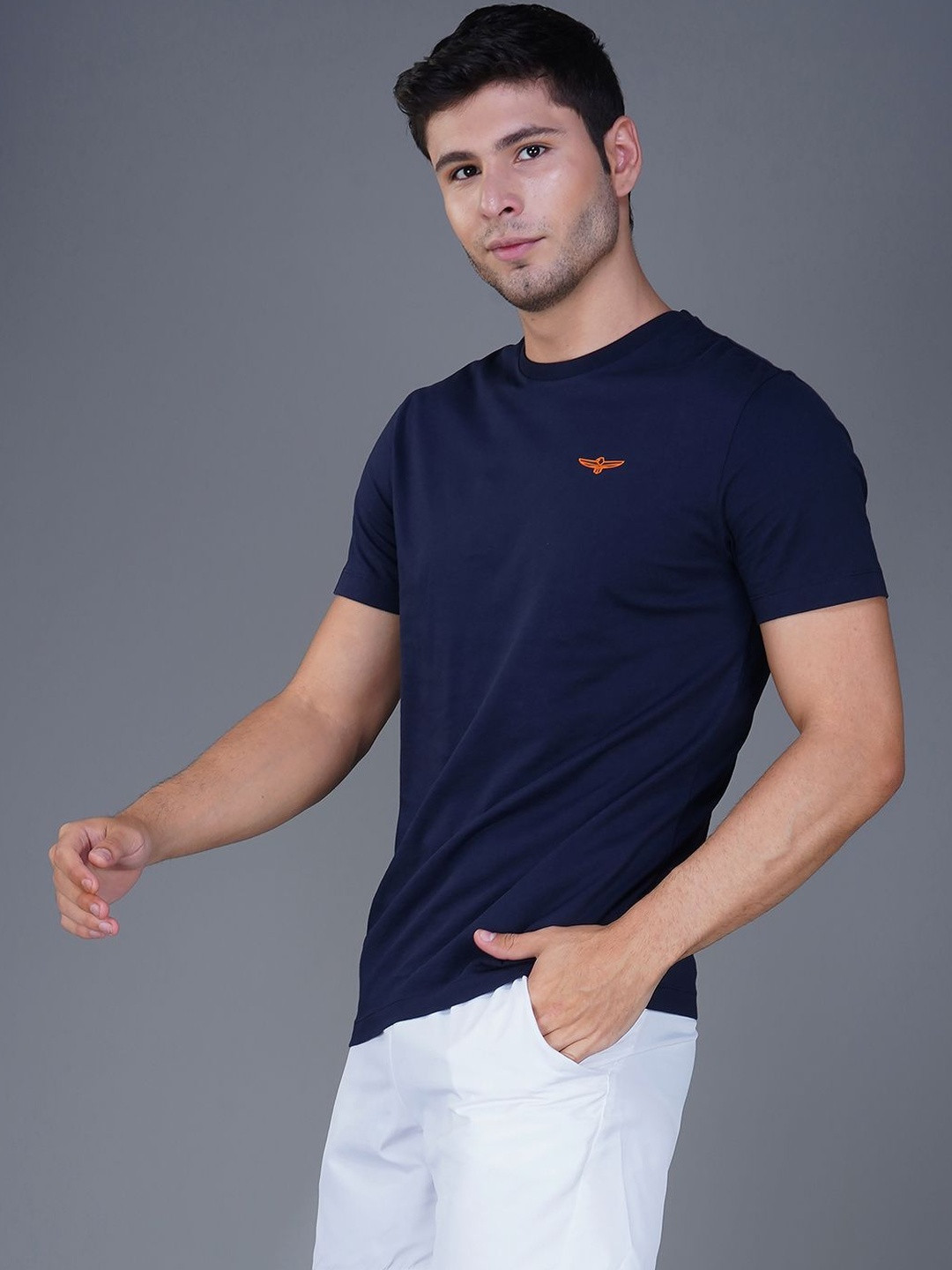 Zvezda Men Regular Fit Navy Blue Round Neck Pure Cotton Solid T-Shirt