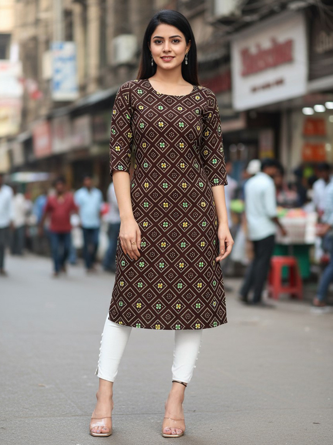 JANKHANA Women Geometric Printed Thread Work Crepe Kurta