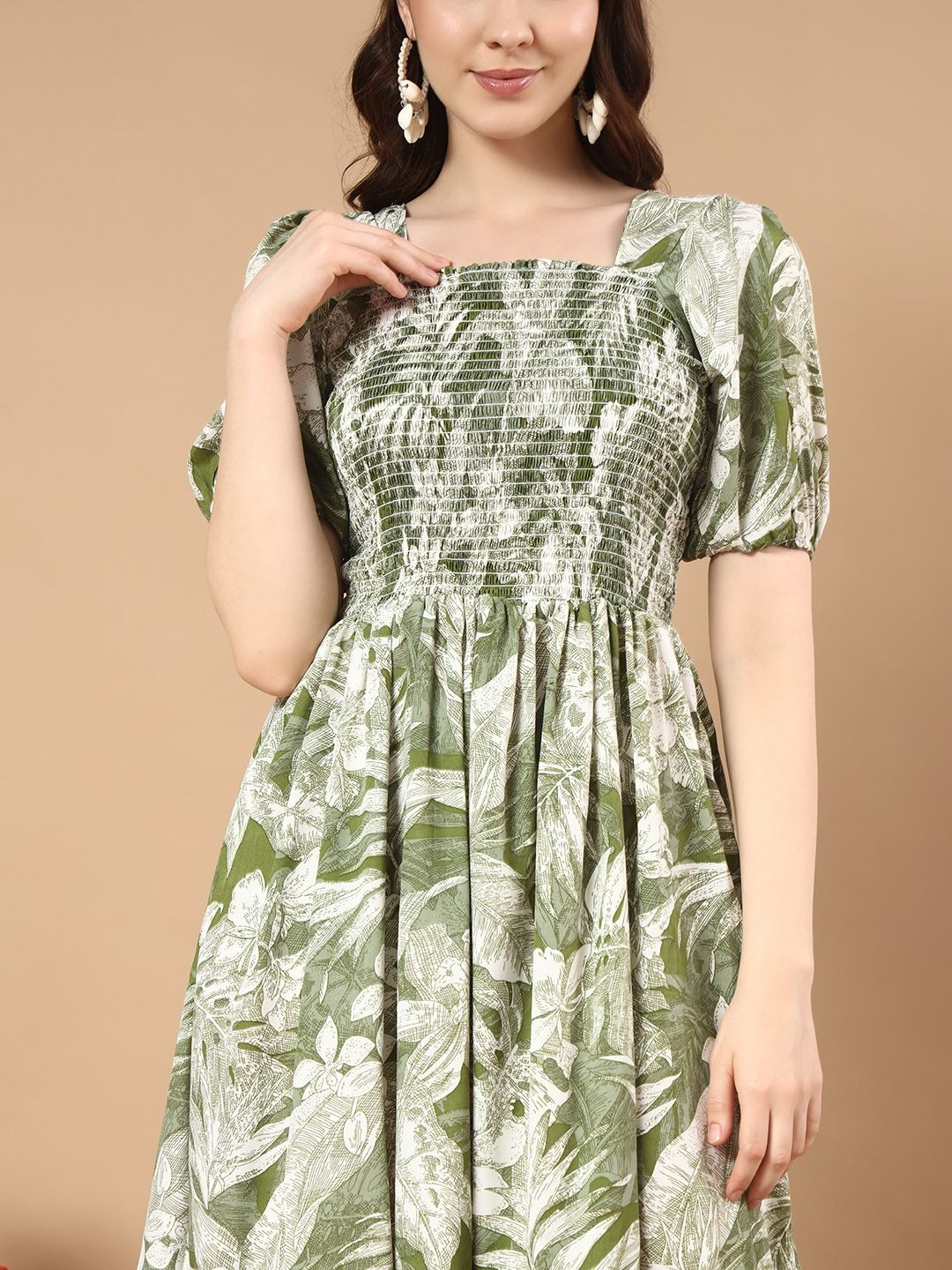 PTVIZE Green Tropical Print Puff Sleeve Midi Dress