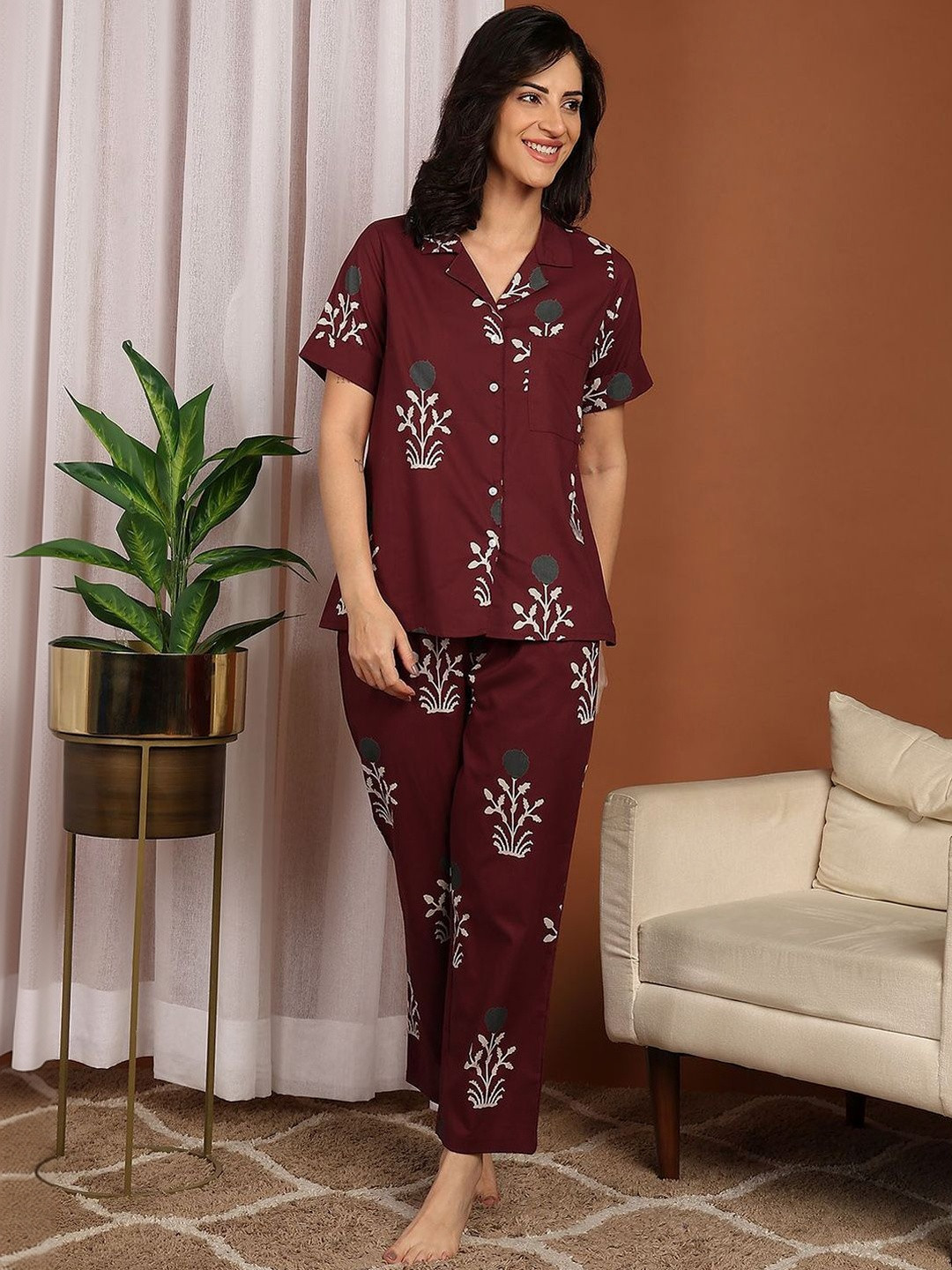 ELITRIX Women Floral Printed Shirt Collar Night suit