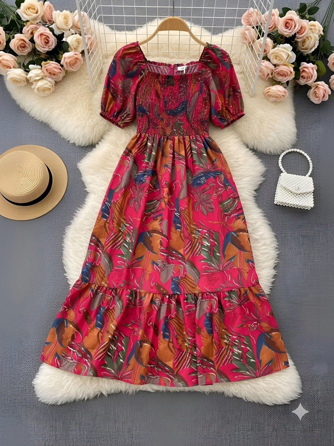 PTVIZE Ethnic Motifs Print Puff Sleeve Crepe A-Line Maxi Dress