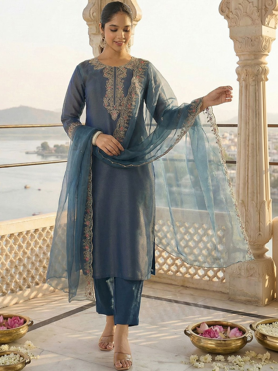 Indo Era Women Ethnic Motifs Embroidered Regular Liva Kurta with Trousers & With Dupatta