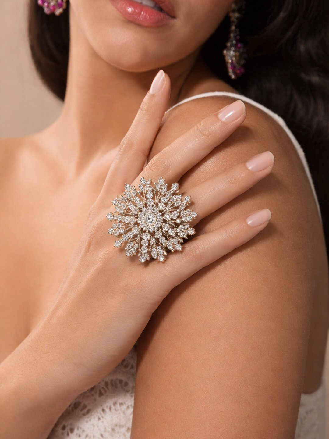 Haute Handles Silver Plated Floral Crystal Statement Ring