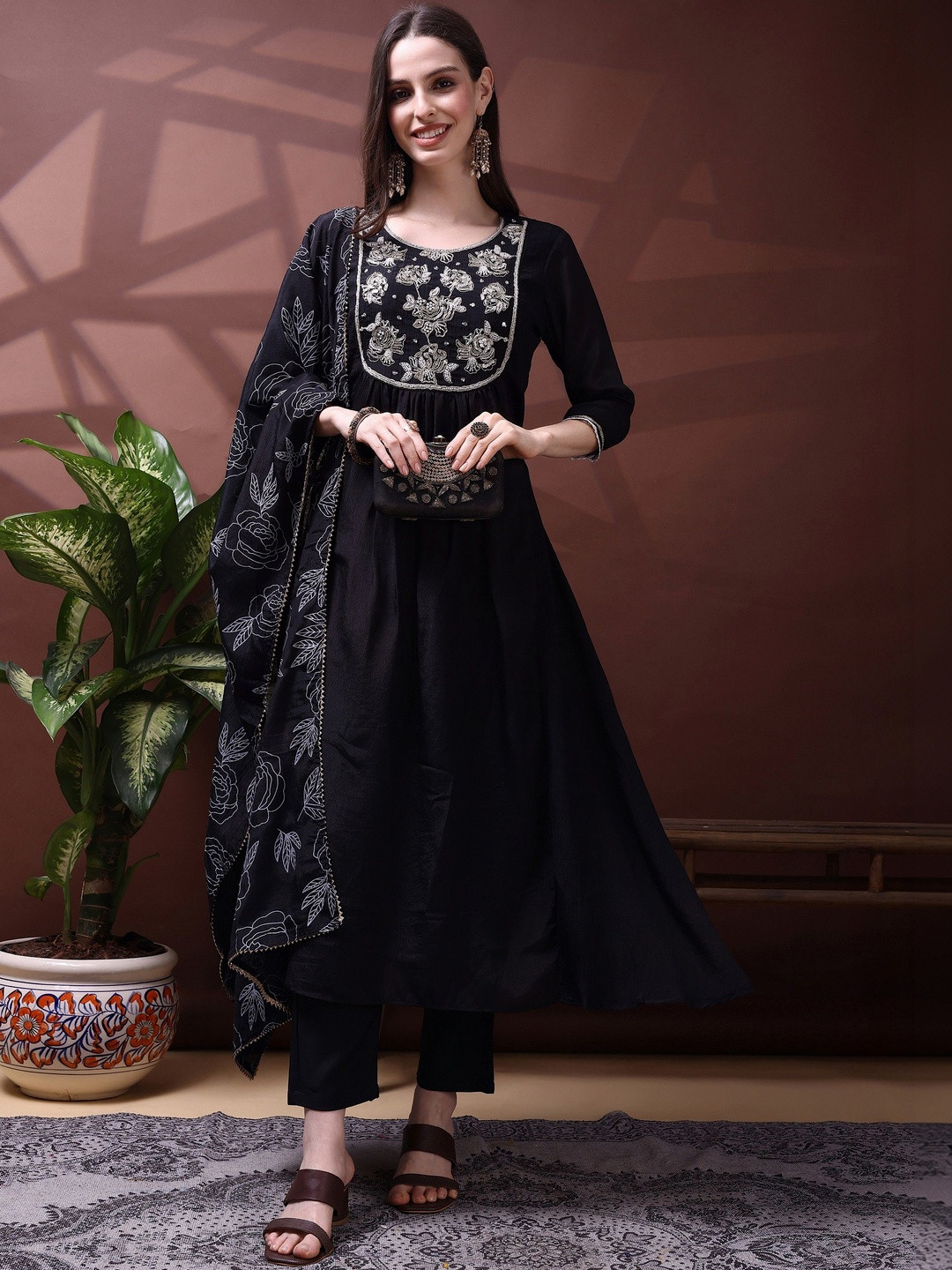 Sangria Embroidered Round Neck Kurta & Trousers With Dupatta