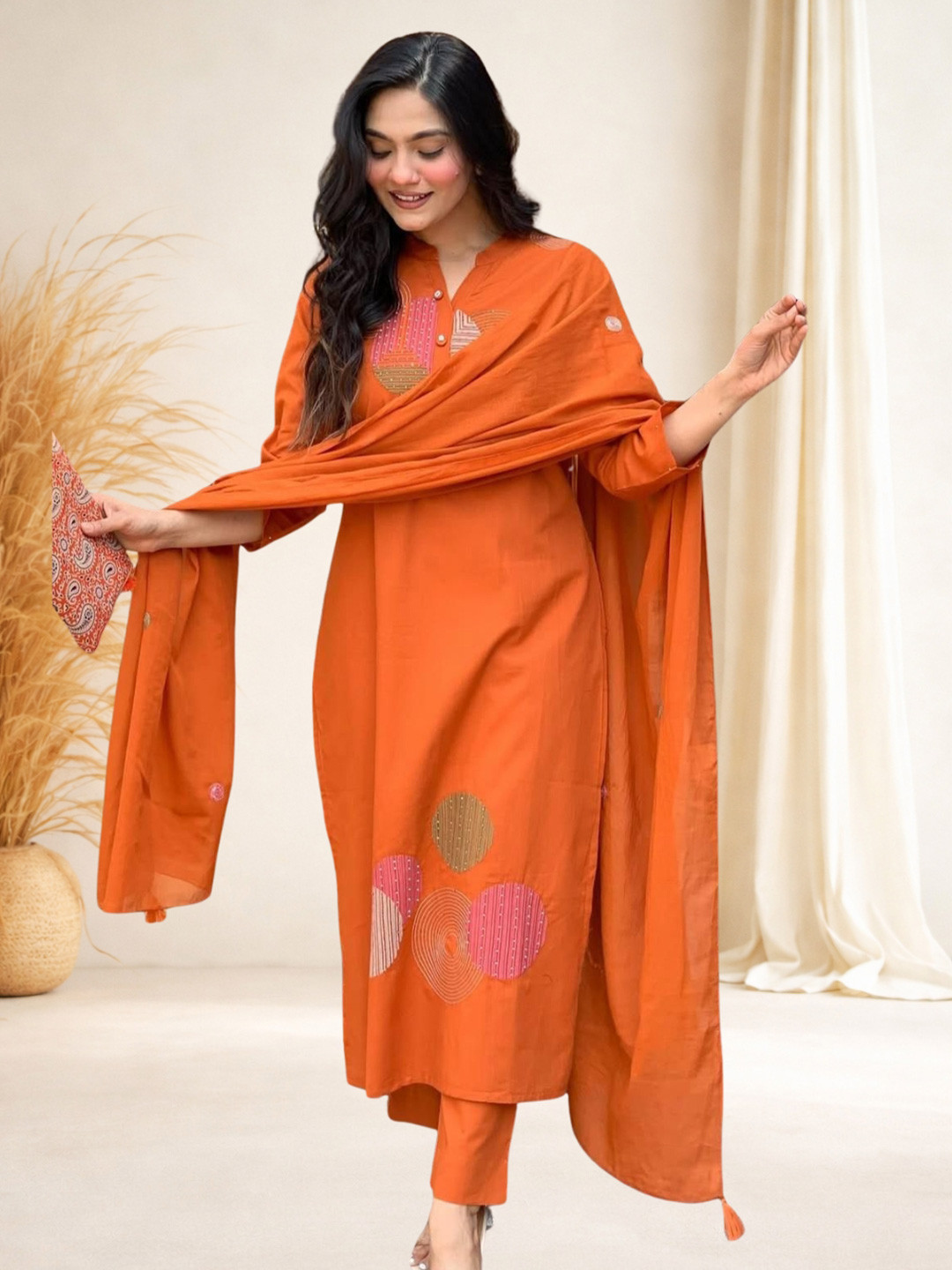 Komfortive Floral Embroidered Thread Work Pure Cotton Kurta with Trousers & With Dupatta